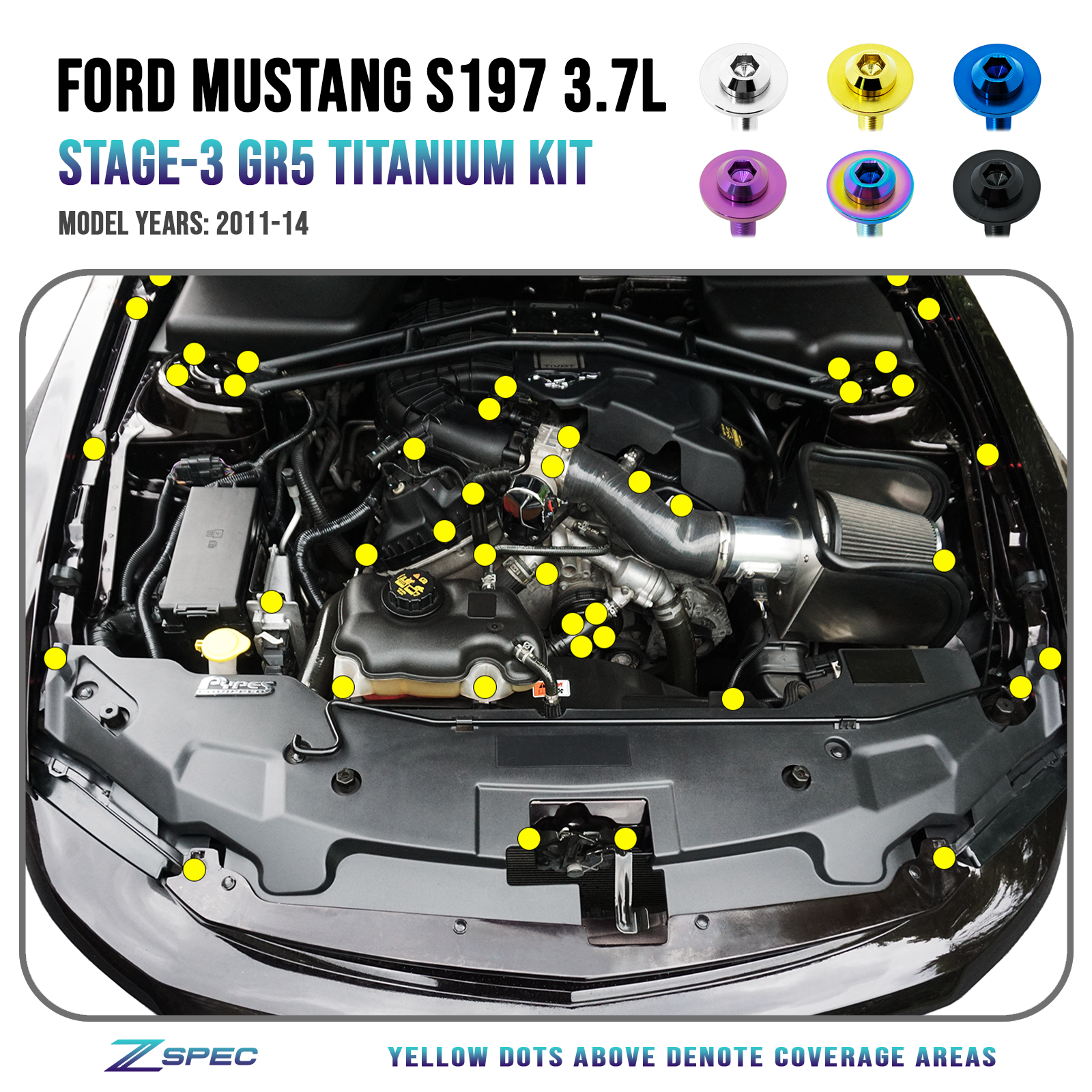 ZSPEC "Stage 3" Dress Up Bolts® Fastener Kit for 05-14 Ford Mustang 3.7L S197, Stainless & Billet - ZSPEC Design LLC - Hardware Fasteners - Fastener Kit, ford, mustang, s197, stage 3, v8 - zspecdesign.com