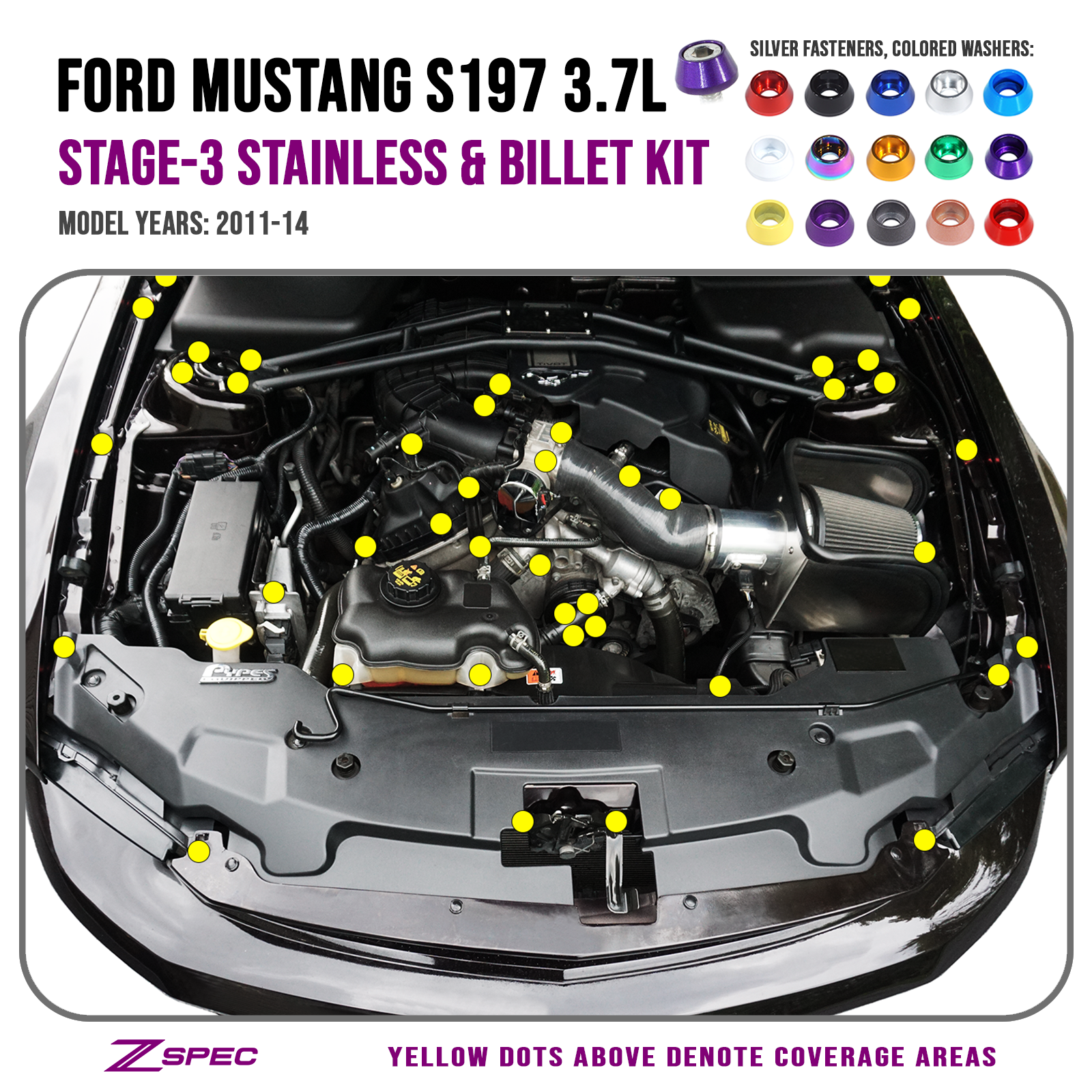 ZSPEC "Stage 3" Dress Up Bolts® Fastener Kit for '05-14 Ford Mustang V6 S197, Stainless & Billet - ZSPEC Design LLC - Hardware Fasteners - Fastener Kit, ford, mustang, s197, stage 3, v6 - zspecdesign.com