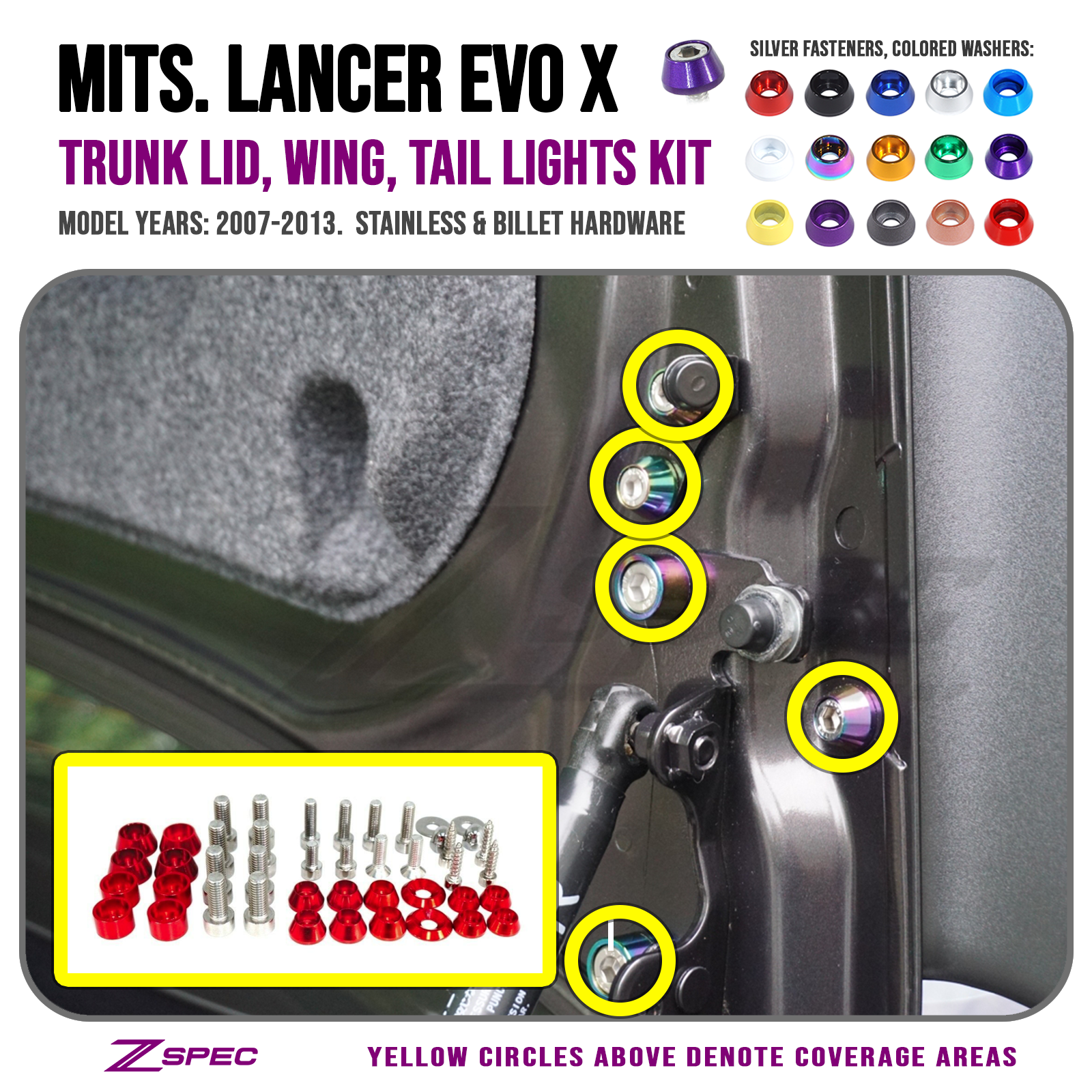 ZSPEC Trunk-Area Fastener Kit for '07-13 Mitsubishi Lancer EVO 10, Stainless & Billet - ZSPEC Design LLC - Hardware Fasteners - EVO 10, Fastener Kit, lancer, mistubishi, Washer Color - zspecdesign.com