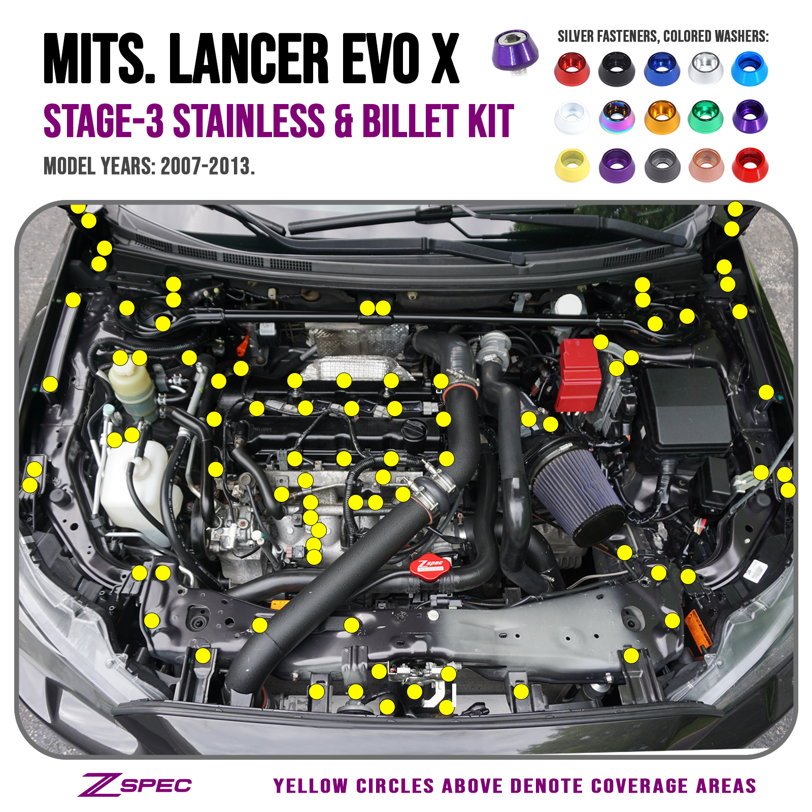 ZSPEC Stage-3 Dress Up Bolts® Fastener Kit for Mitsubishi Lancer EVO X 10, Stainless & Billet - ZSPEC Design LLC - Hardware Fasteners - EVO 10, Fastener Kit, lancer, mitsubishi, stage 3, Washer Color - zspecdesign.com