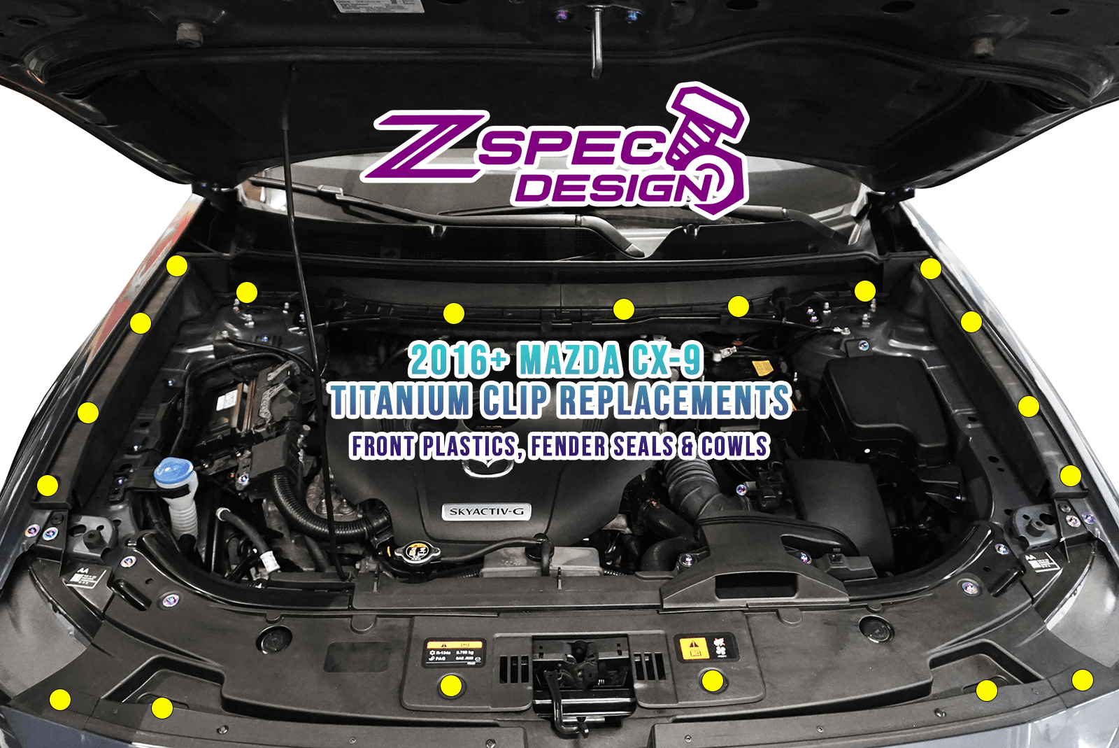 ZSPEC Titanium Clip Replacements Fastener Kit for the Mazda CX-9
Specifications:
Grade-5 Titanium
Lightweight, Visual Upgrade
Durable Finish Options
