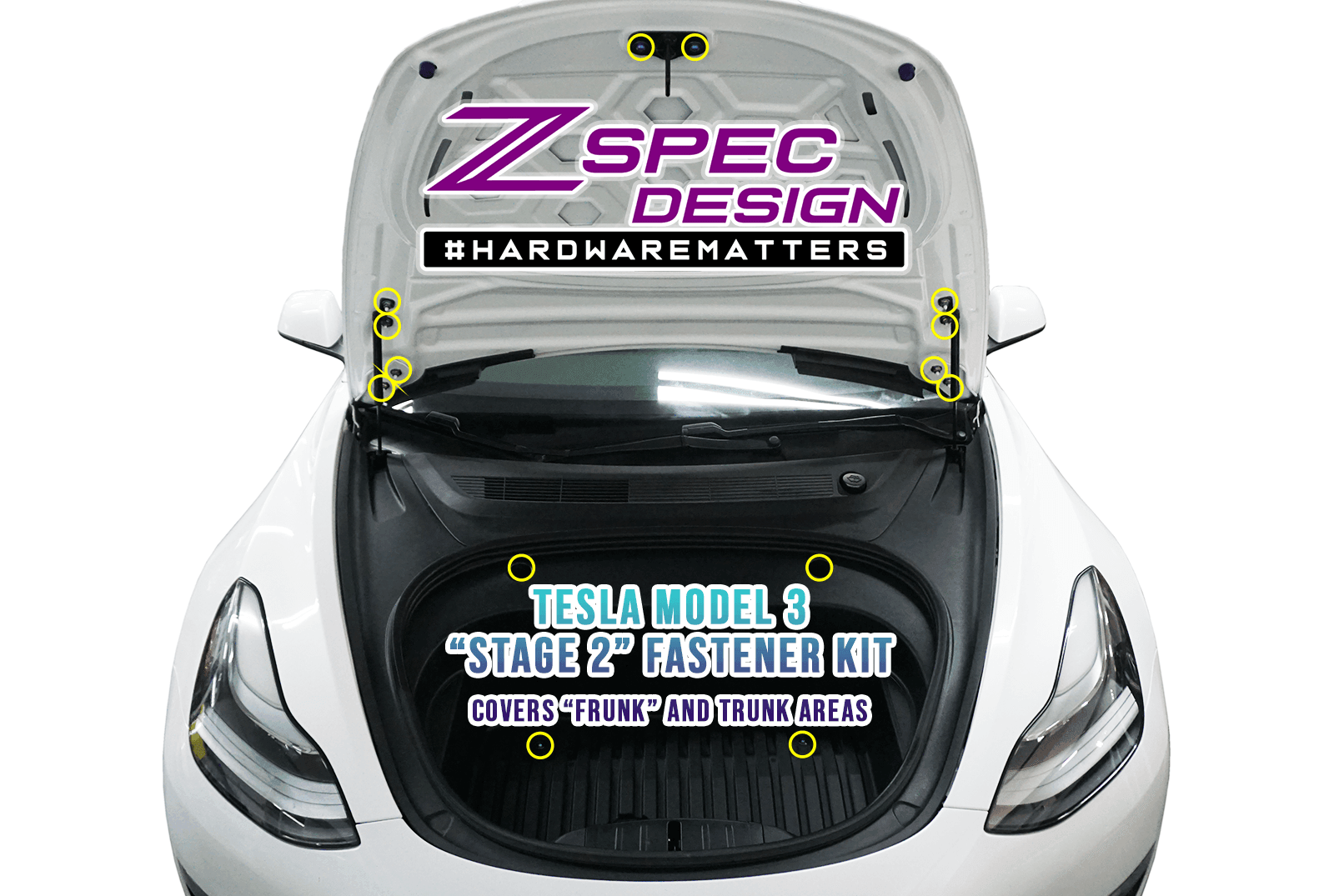 ZSPEC "Stage 2" Dress Up Bolts® Fastener Kit for the Tesla Model 3, Grade-5 Titanium - ZSPEC Design LLC - Hardware Fasteners - Fastener Kit, model 3, model3, stage 2, tesla, Washer Color - zspecdesign.com