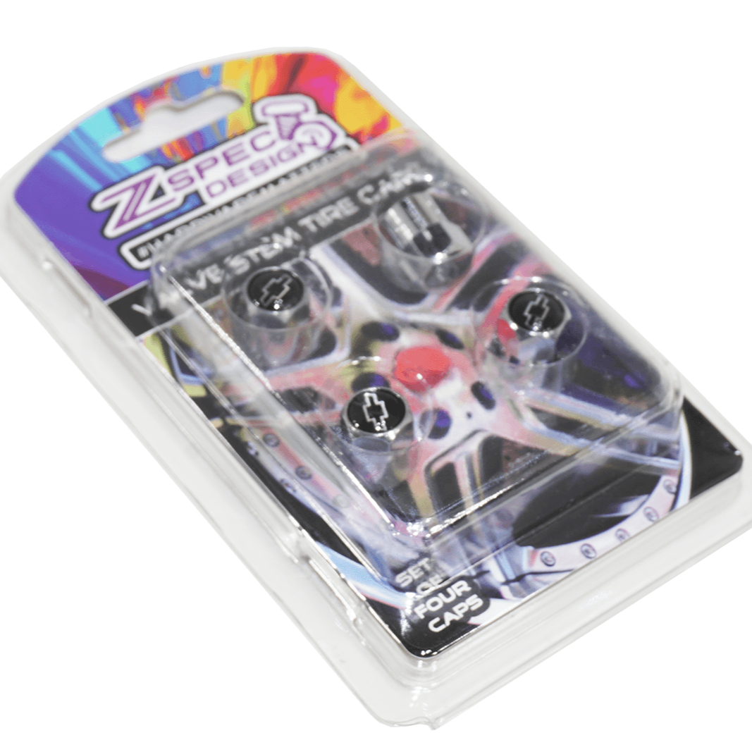 Chrome Valve Stem Tire Caps, Style: Chevy, Black & Chrome Bow-Tie - ZSPEC Design LLC - Hardware Fasteners - cap, Chevy, tire - zspecdesign.com
