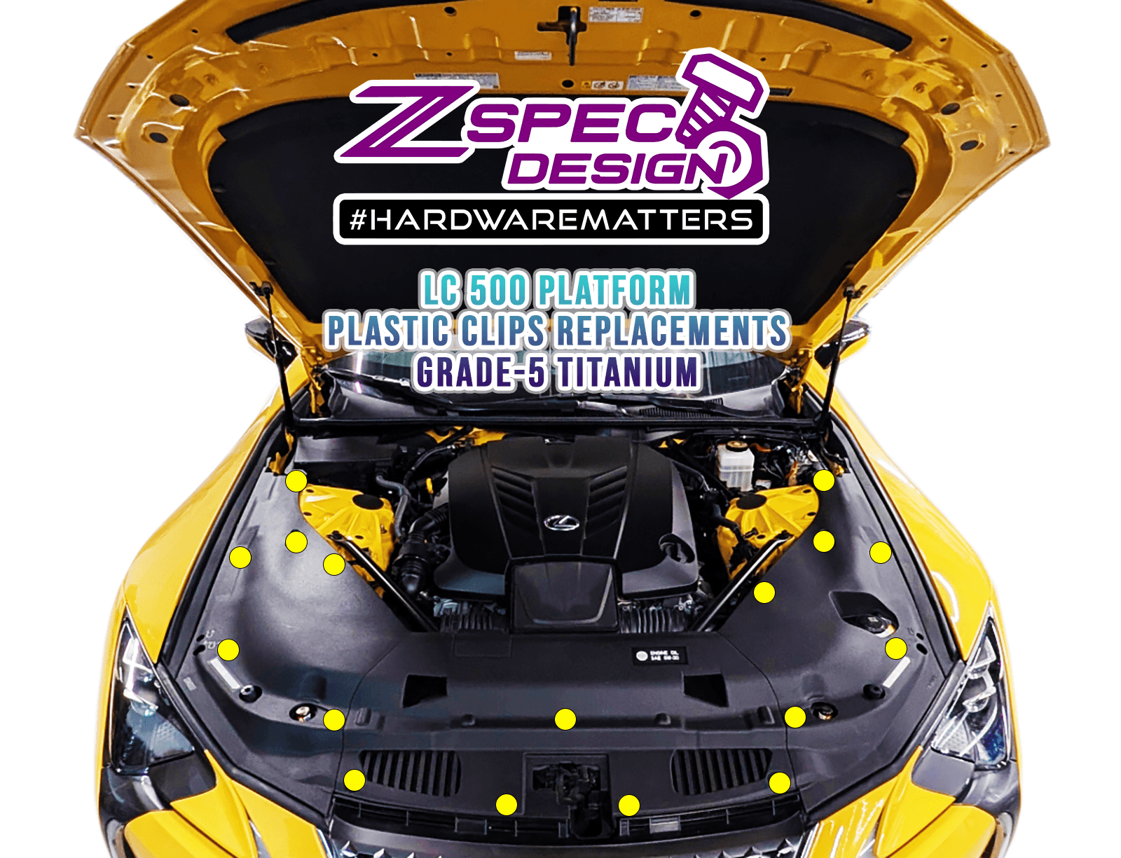 ZSPEC Plastic Clips Hardware Kit for Lexus LC 500, Titanium w/ Well Nuts
Grade-5 Titanium (40-45% weight-savings, non-corrosive)
Engines: 2UR-GSE