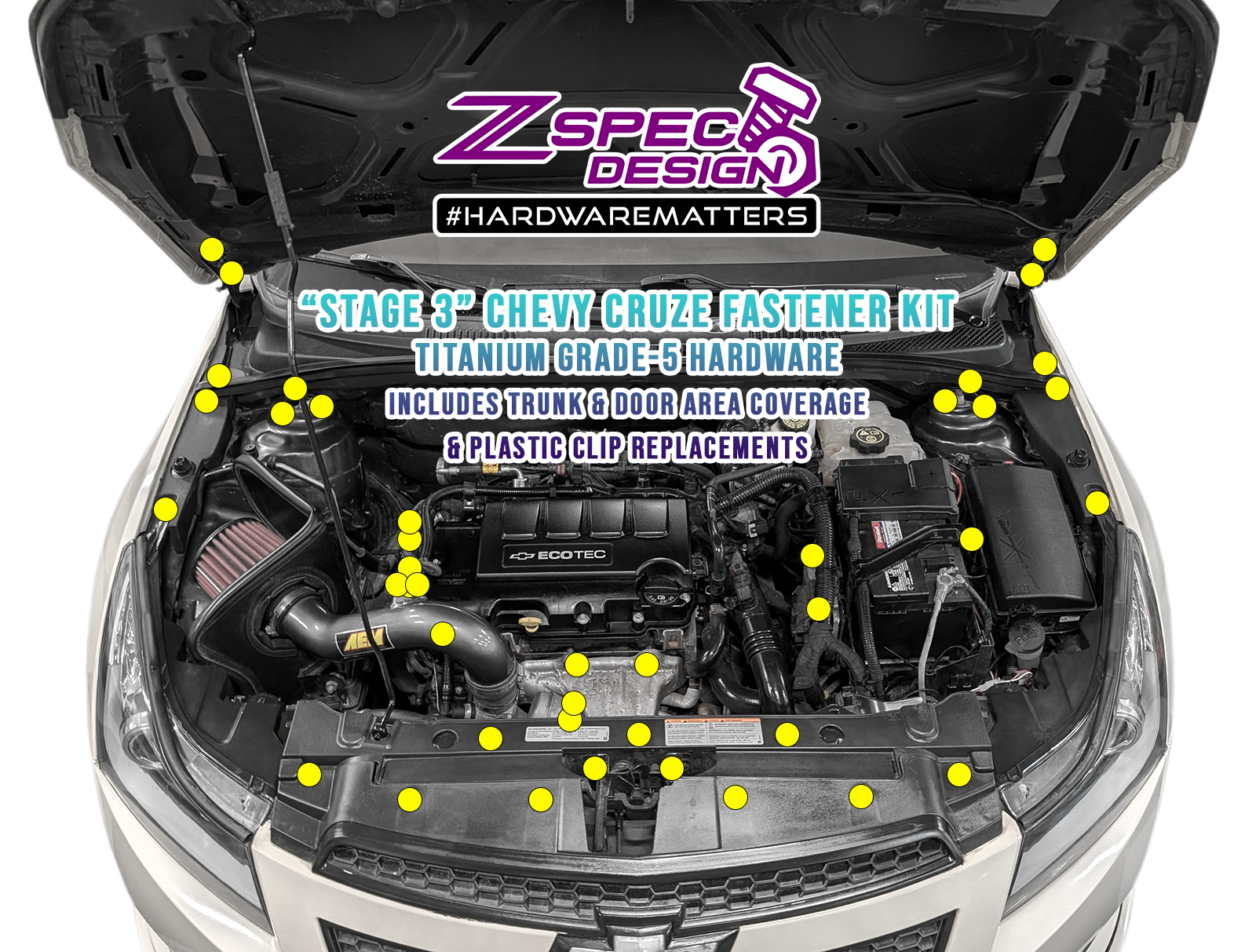ZSPEC Stage-3 Dress Up Bolts® Fastener Kit for Chevy Cruze, Lightweight Grade-5 Titanium Hardware, Bagged & Labeled by Area