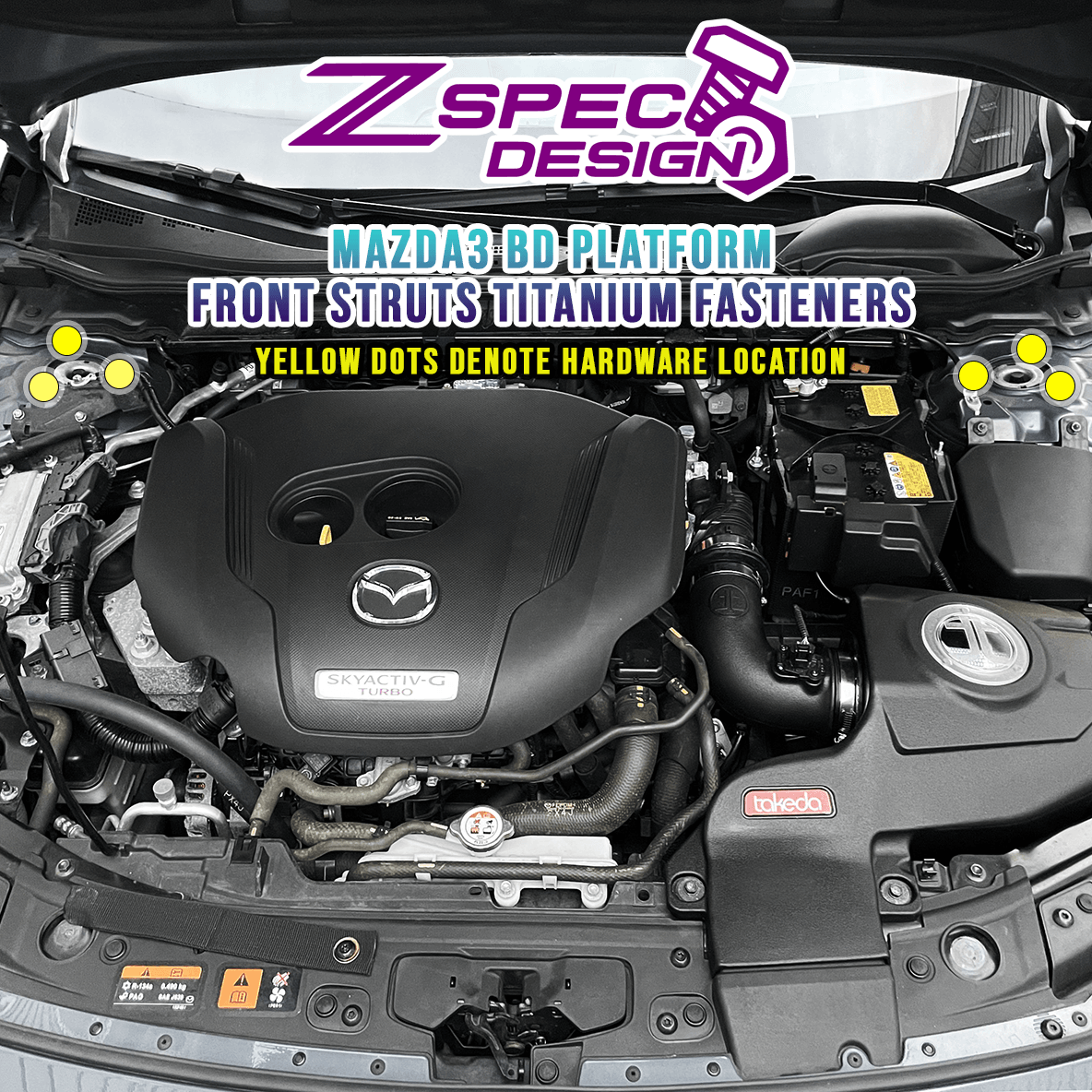 ZSPEC Front-Struts Dress-Up Fastener Kit for the '19+ Mazda3 BD, Titanium
Kit Specifications:
Grade-5 Titanium, Organized by Area
Lightweight, Visual Upgrade
