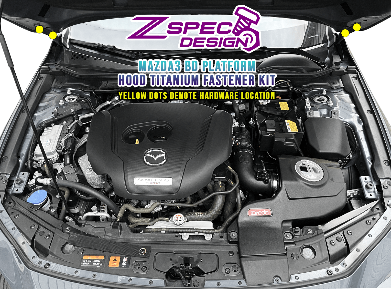 ZSPEC Hood Dress-Up Fastener Kit for the '19+ Mazda3 BD, Titanium
Kit Specifications:
Grade-5 Titanium, Organized by Area
Lightweight, Visual Upgrade
