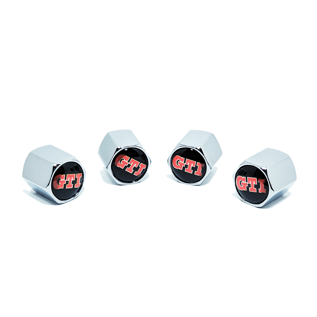 Chrome Valve Stem Tire Caps, Style GTI (V W / Volkswagen)
Set of four valve-stem tire caps - chromed-brass with o-ring inside for seal and gel-domed end.