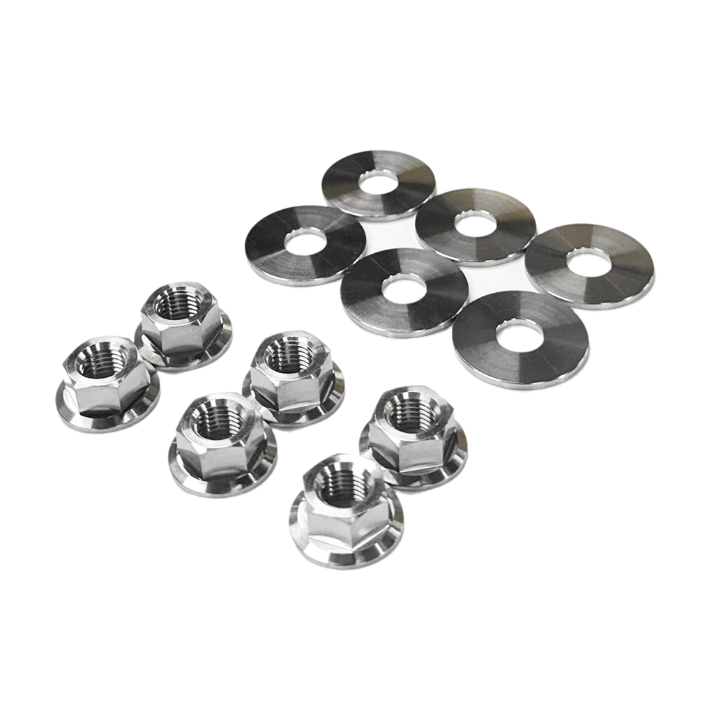 The ZSPEC Front-Shocks Fastener Kit for the '15-23 Ford Mustang GT 5.0L S550, Titanium is comprised of over 12 pieces of grade-5 titanium hardware.