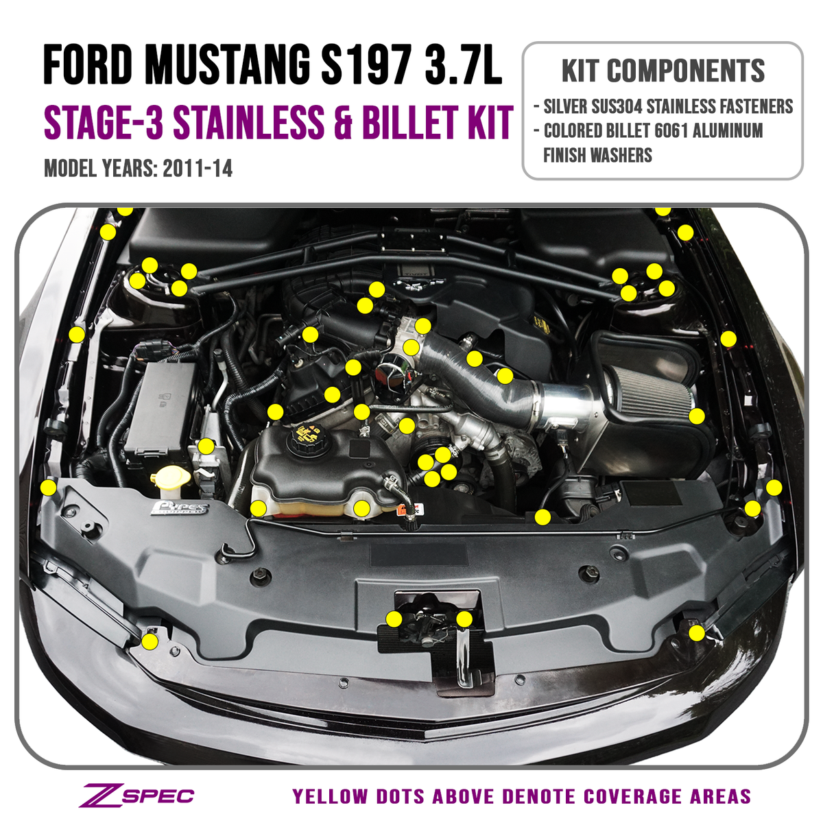 ZSPEC "Stage 3" Dress Up Bolts® Fastener Kit for '05-14 Ford Mustang V6 S197, Stainless & Billet - ZSPEC Design LLC - Hardware Fasteners - Fastener Kit, ford, mustang, s197, stage 3, v6 - zspecdesign.com