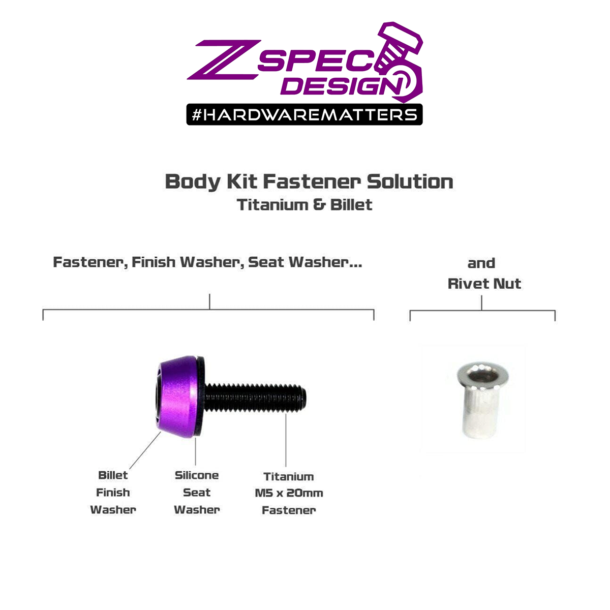 ZSPEC Body Kit Fastener, M5x20mm Titanium & Billet w/RIVET NUT, Sold per each - ZSPEC Design LLC - Hardware Fasteners - body, body hardware, m5, per each, titanium - zspecdesign.com
