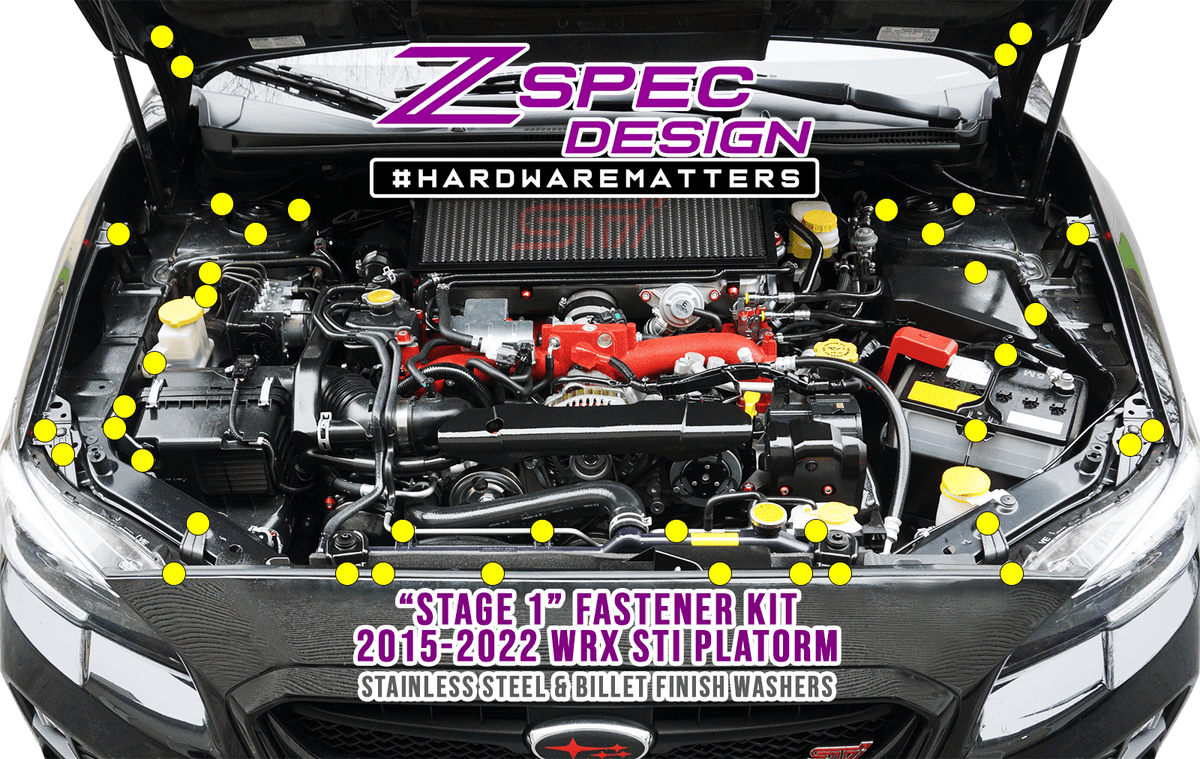 ZSPEC "Stage 1" Dress Up Bolts® Fastener Kit for '15-21 Subaru WRX & STI, Stainless & Billet - ZSPEC Design LLC - Hardware Fasteners - Fastener Kit, stage 1, sti, subaru wrx, Washer Color - zspecdesign.com