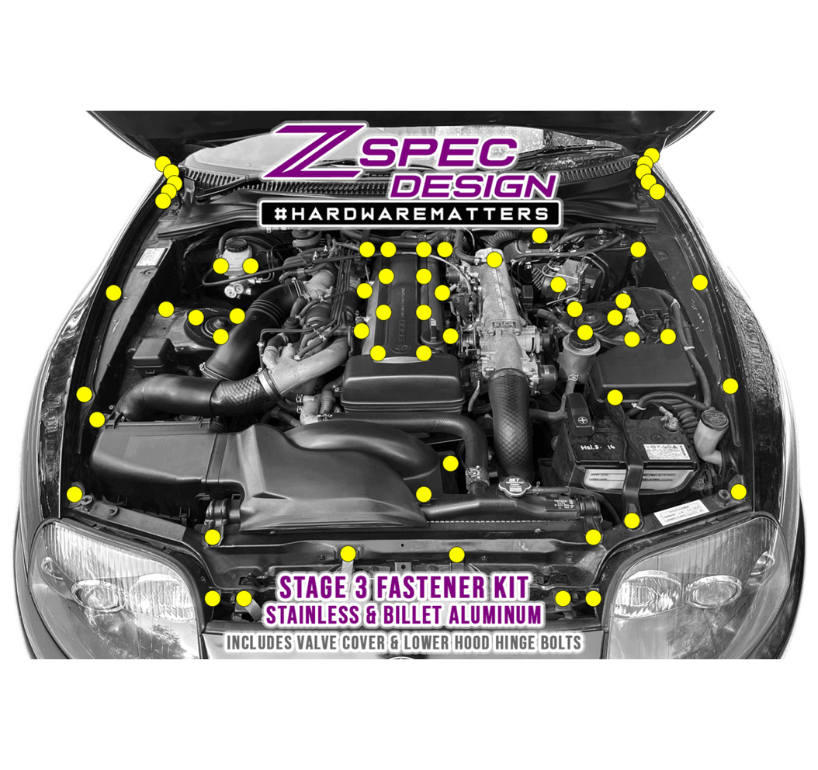 ZSPEC "Stage 3" Dress Up Bolts® Fastener Kit for '93-02 Toyota Supra MKIV, Stainless & Billet - ZSPEC Design LLC - Hardware Fasteners - 2jz, Fastener Kit, mkiv, stage 3, supra, toyota - zspecdesign.com