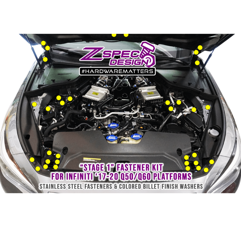 ZSPEC "Stage 1" Dress Up Bolts® Fastener Kit for '17-20 Infiniti Q50/Q60 VQ & VR, Stainless & Billet - ZSPEC Design LLC - Hardware Fasteners - Fastener Kit, infiniti, q50, q60, stage 1, stainless, VQ, VR - zspecdesign.com