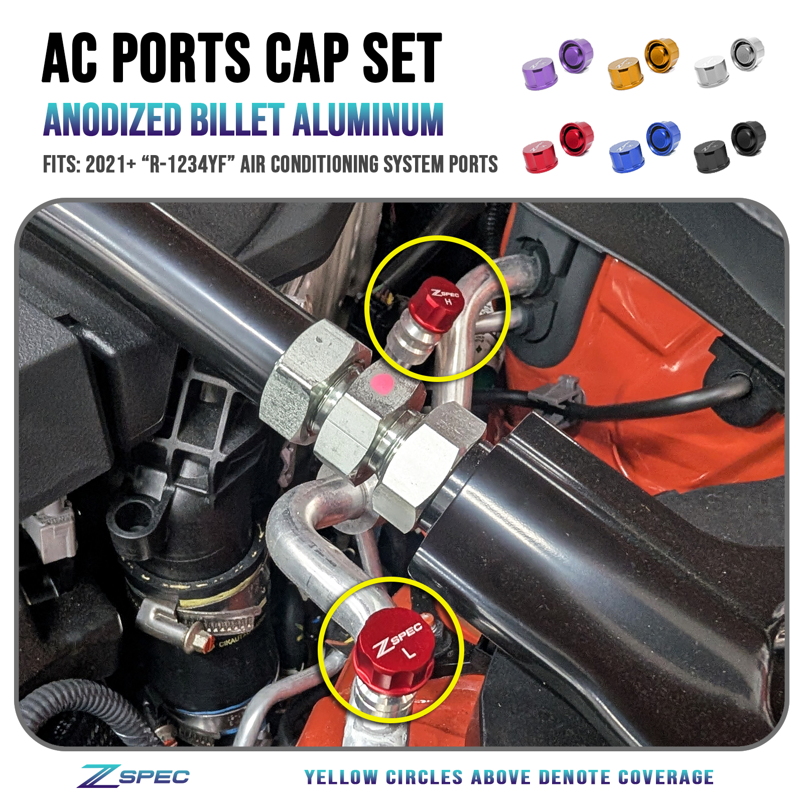 ZSPEC Billet AC Dress Up Caps Set, High & Low, for R-1234YF Systems