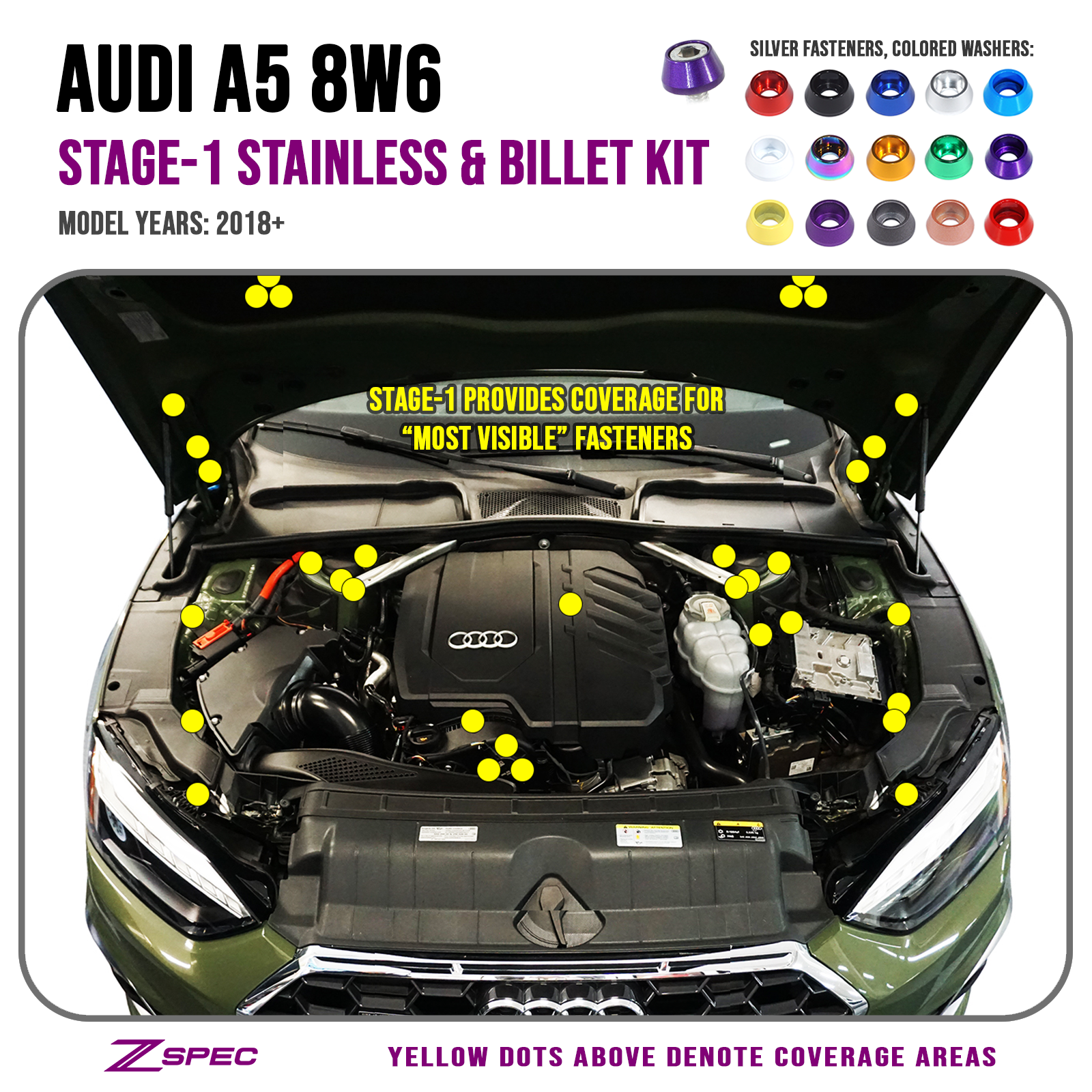 ZSPEC "Stage 1" Dress Up Bolts® Fastener Kit for '18-22+ Audi A5 8W6 2.0L, Stainless & Billet - ZSPEC Design LLC - Hardware Fasteners - 8w6, a5, a5 8w6, audi, Fastener Kit, stage 1 - zspecdesign.com