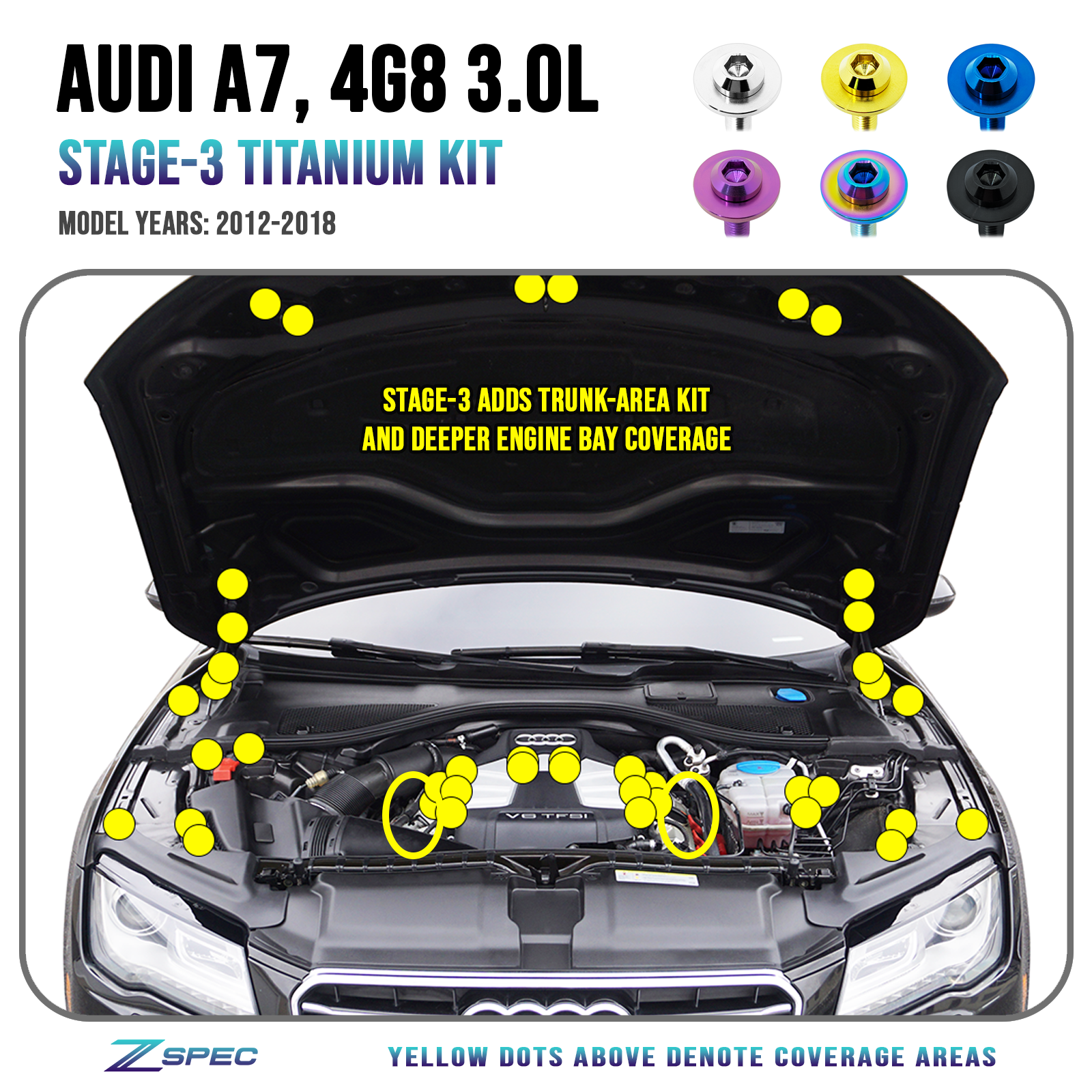 ZSPEC "Stage 3" Dress Up Bolts® Fastener Kit for '12-18 Audi A7 4G8 3.0L, Titanium - ZSPEC Design LLC - Hardware Fasteners - 4g8, a7, a7 4g8, audi, Fastener Kit, stage 3 - zspecdesign.com