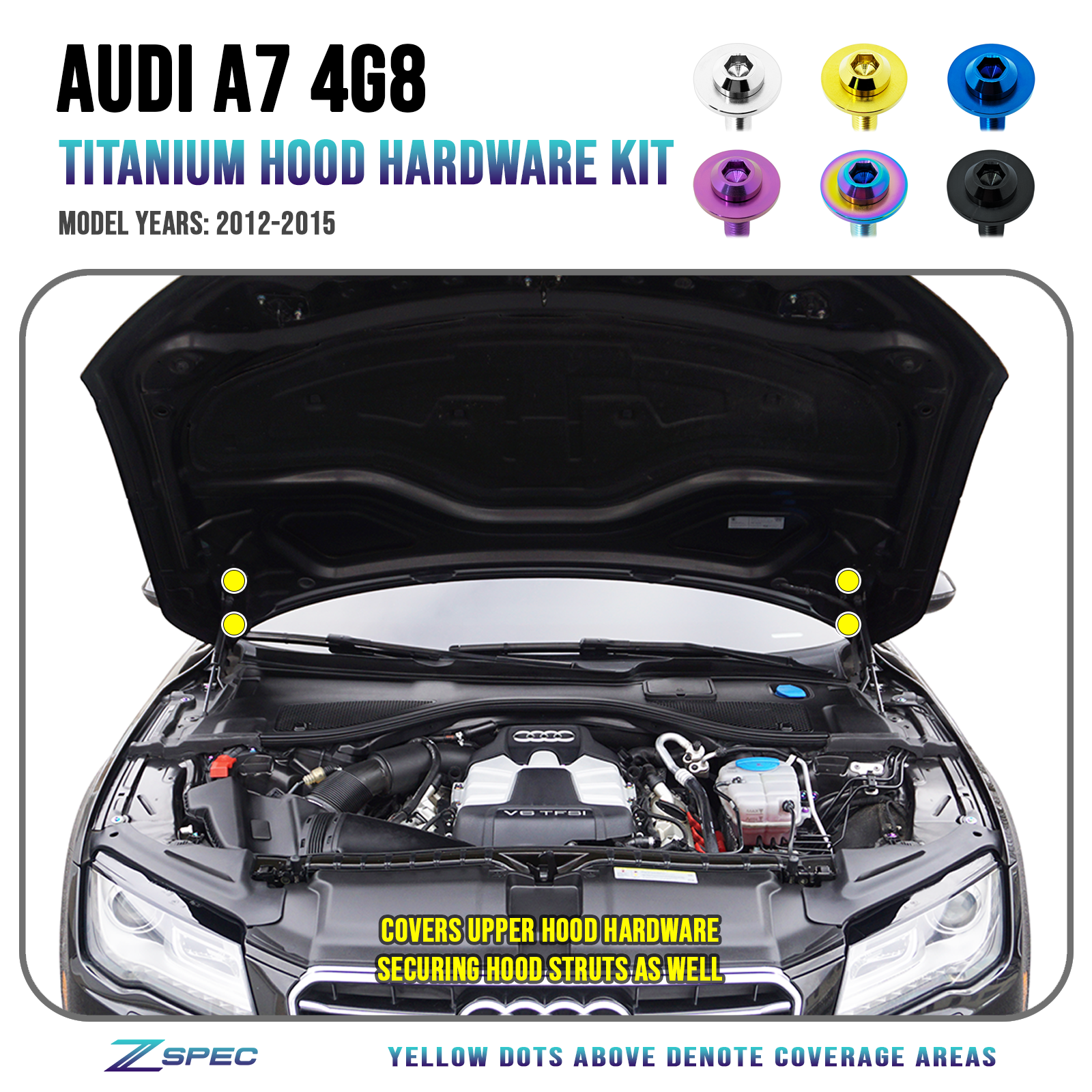 ZSPEC Hood & Hood Struts Hardware Kit for Audi A7 4G8, Titanium Grade-5 Dress Up Bolts Fasteners Washers Fittings