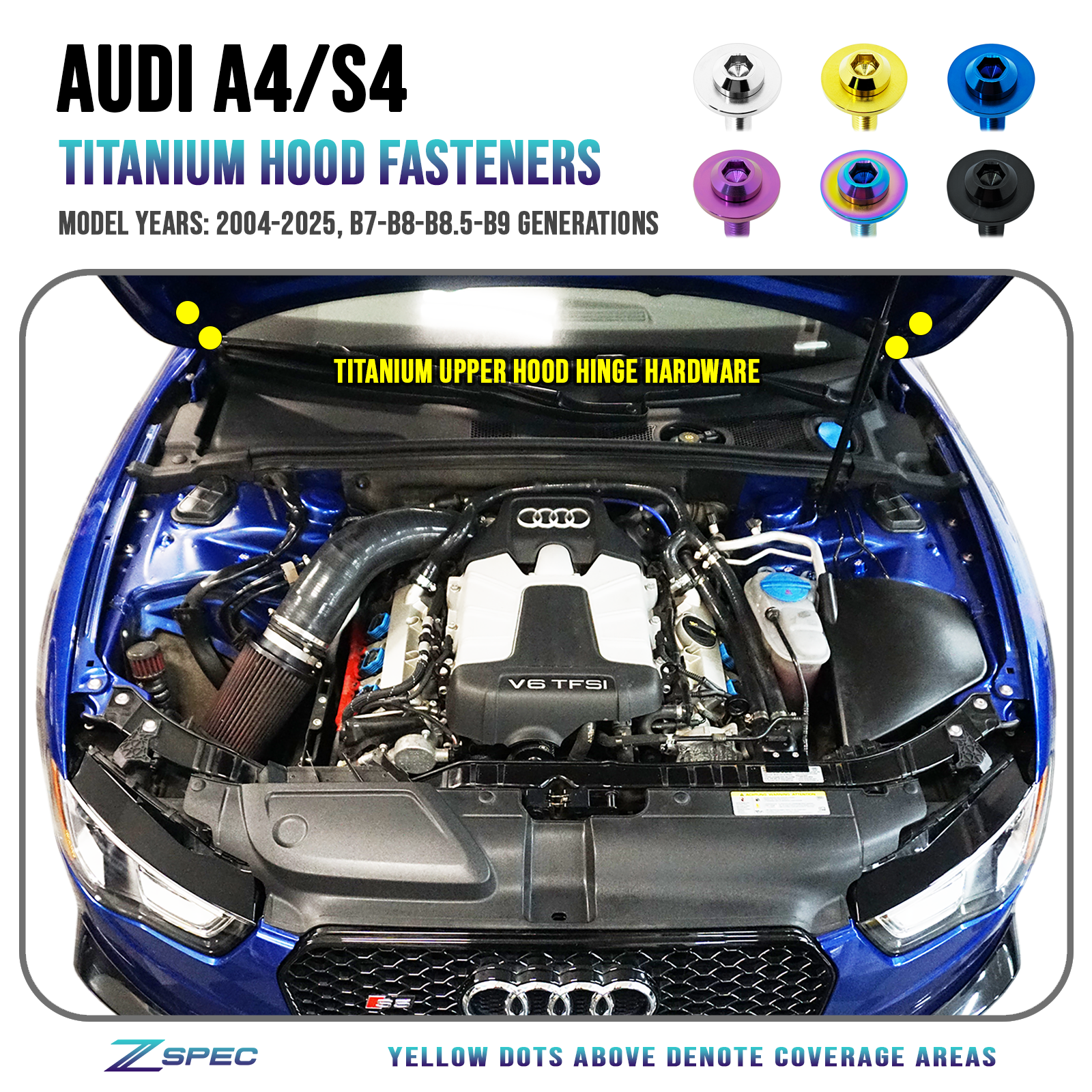 ZSPEC Hood-Hardware Kit for Audi A4 B7/B8/B8.5/B9 Models, Titanium Dress Up Bolts Washers Fasteners