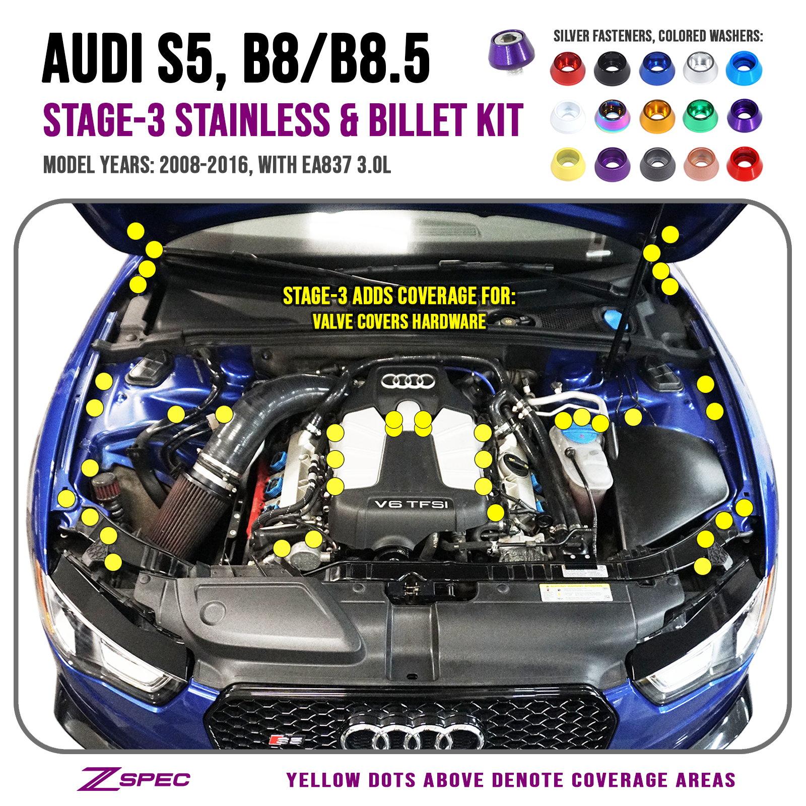 ZSPEC "Stage 3" Dress Up Bolts® Fastener Kit for Audi S5 B8 3.0L, Stainless & Billet - ZSPEC Design LLC - Hardware Fasteners - a5, audi, b8, b8.5, ea837, Fastener Kit, s5, stage 3 - zspecdesign.com