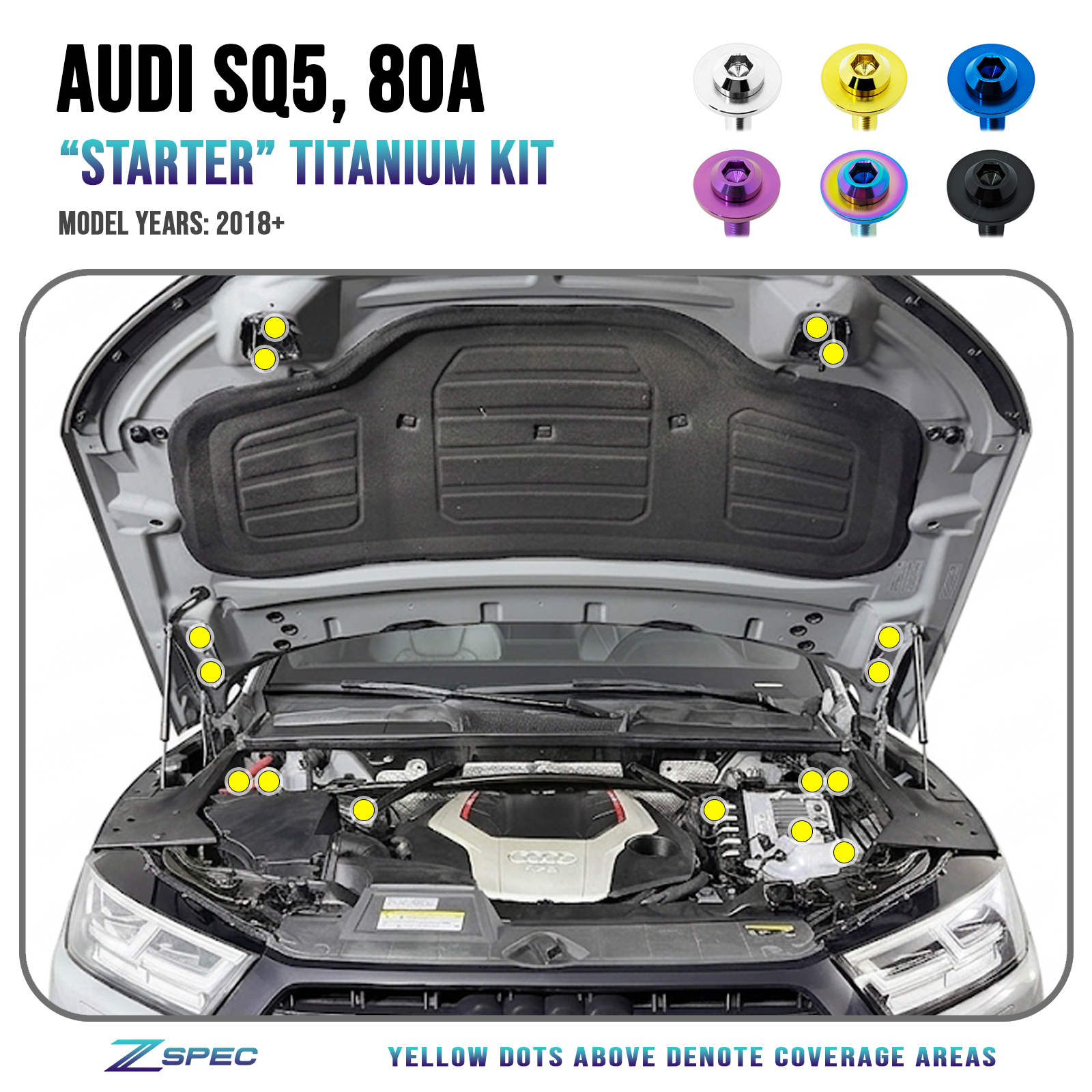 ZSPEC "Starter" Dress Up Bolts® Fastener Kit for Audi SQ5 80A, Titanium Grade-5 GR5