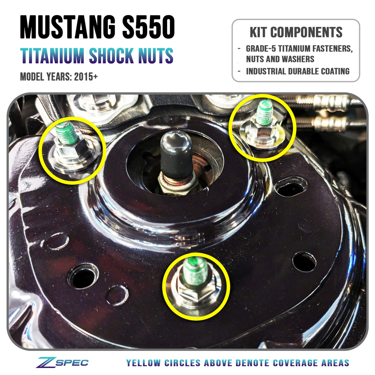 The ZSPEC Front-Shocks Fastener Kit for the '15-23 Ford Mustang GT 5.0L S550, Titanium is comprised of over 12 pieces of grade-5 titanium hardware.