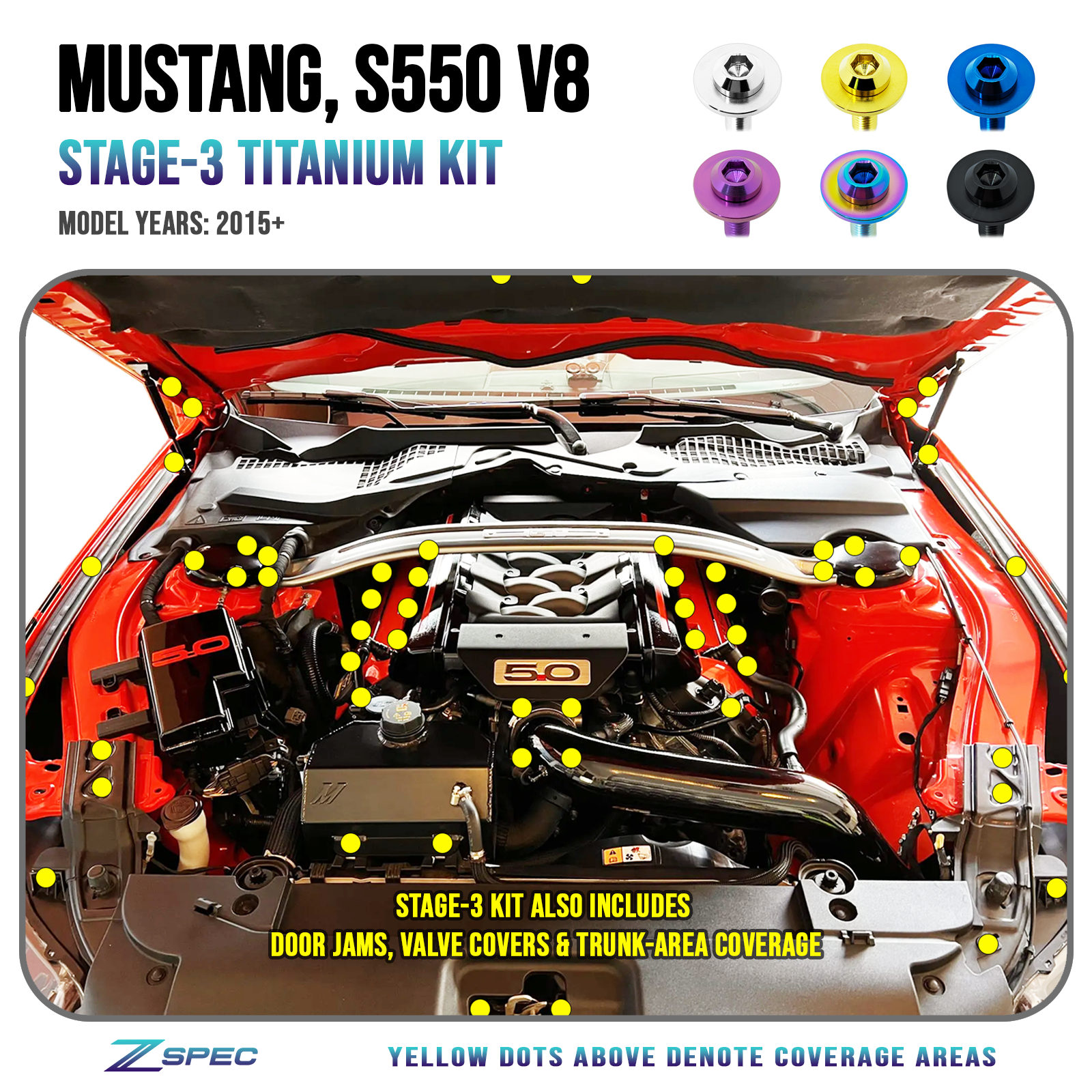 ZSPEC Stage-3 Dress Up Bolts® Fastener Kit for '15-23 Ford Mustang GT 5.0L S550, Titanium
