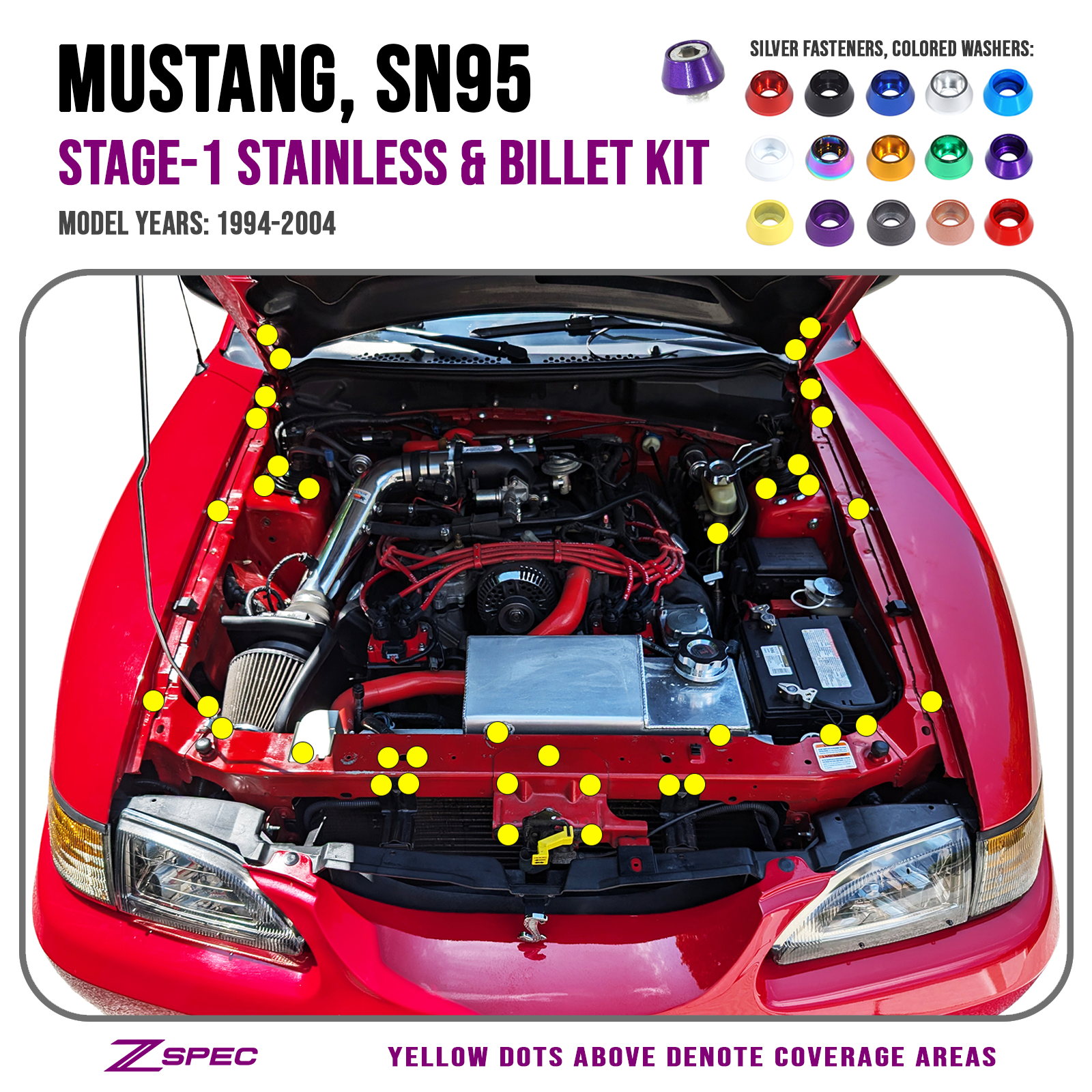 ZSPEC Stage-1 Dress Up Bolts® Fastener Kit for Ford Mustang SN95 V8, Stainless & Billet - ZSPEC Design LLC - Hardware Fasteners - Fastener Kit, ford, mustang, sn95, stage 1 - zspecdesign.com