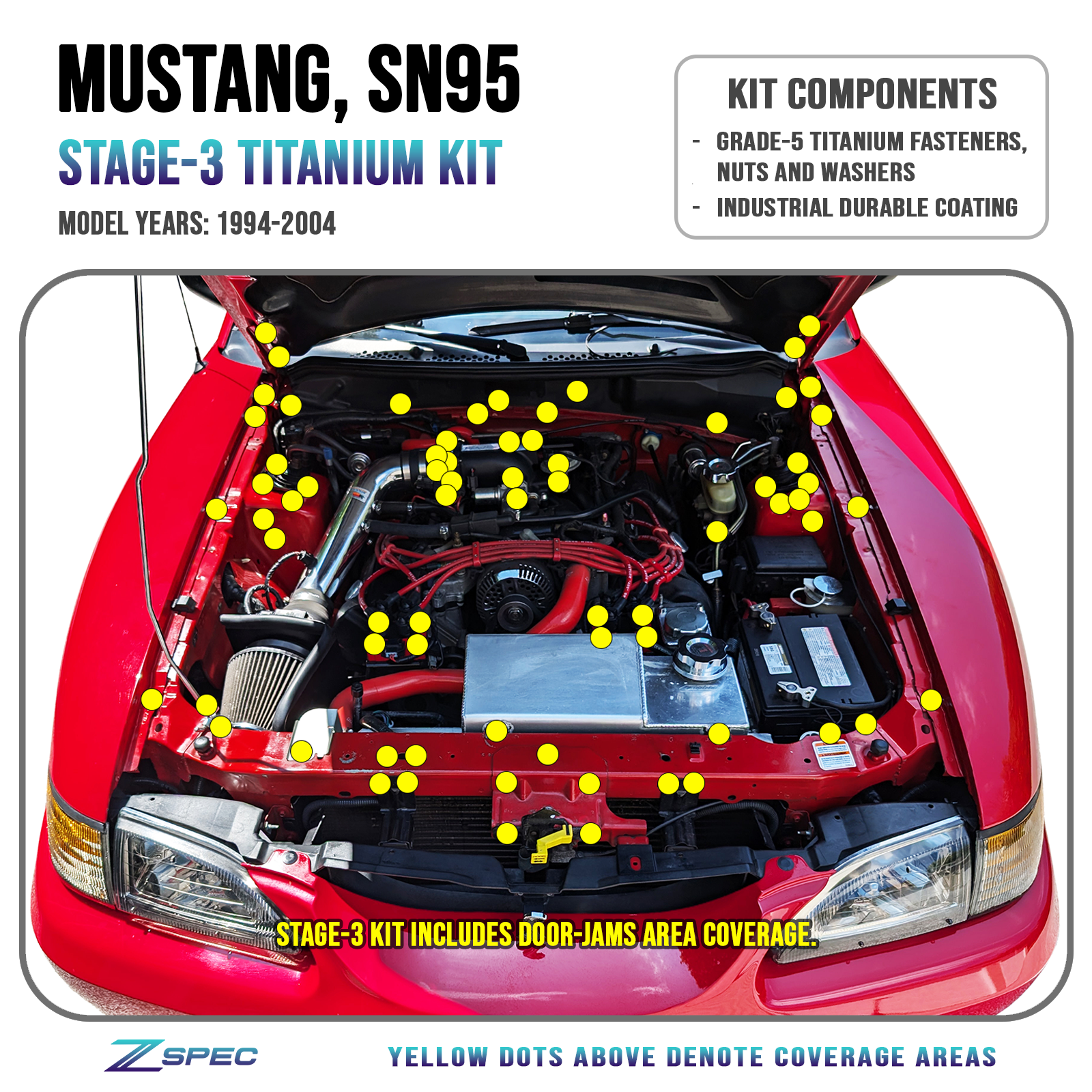 ZSPEC Stage-3 Dress Up Bolts® Fastener Kit for Ford Mustang SN95 V8, Titanium - ZSPEC Design LLC - Hardware Fasteners - Fastener Kit, ford, mustang, sn95, stage 3 - zspecdesign.com