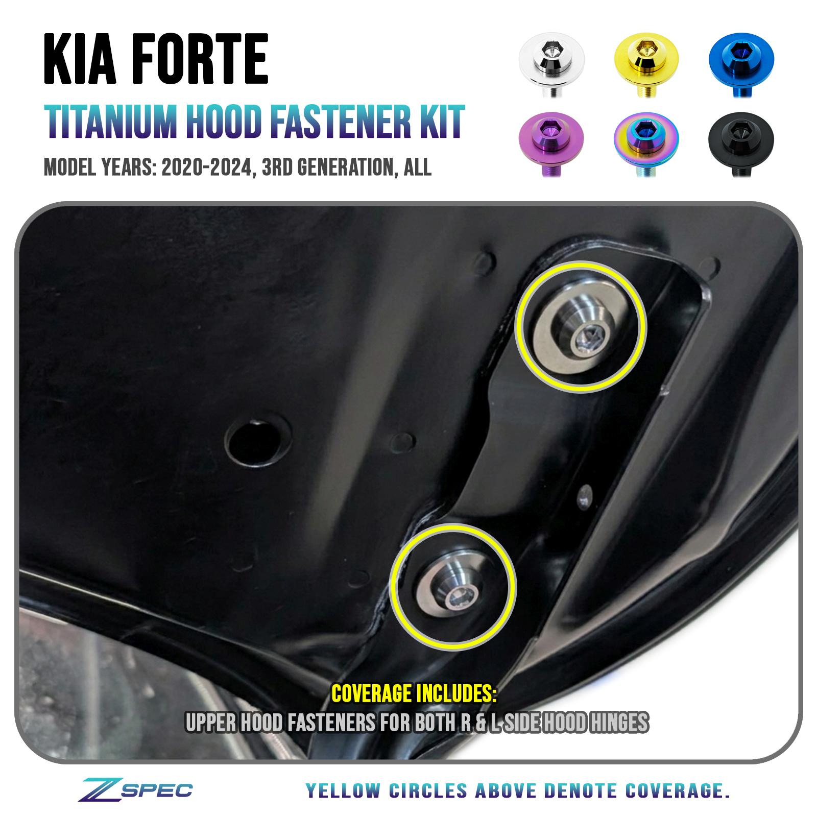 ZSPEC Titanium Hood Fastener Kit for 2020-24 Kia Forte 1.6L