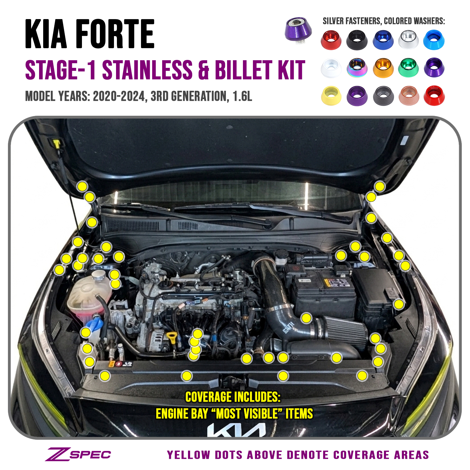 ZSPEC Stage-1 Fastener Kit for 2020-24 Kia Forte BD 1.6L, Stainless & Billet, Dress Up Bolts Hardware, Fast Turn Around Shipping