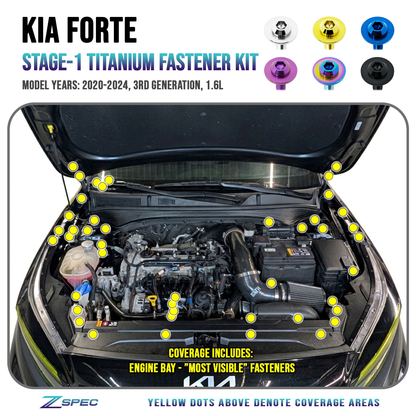 ZSPEC Stage-1 Fastener Kit for 2020-24 Kia Forte 1.6L, Titanium