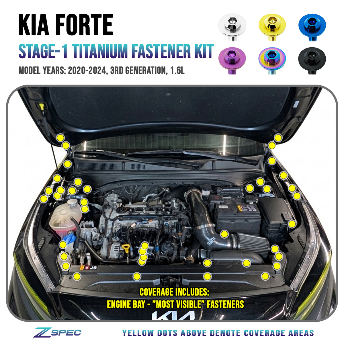 ZSPEC Stage-1 Fastener Kit for 2020-24 Kia Forte 1.6L, Titanium