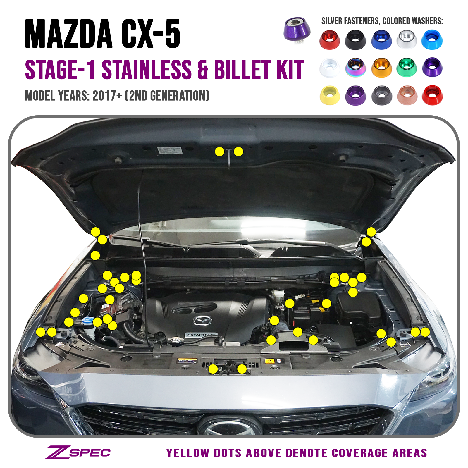 ZSPEC "Stage 1" Dress Up Bolts® Fastener Kit for '17-23 Mazda CX-5, Stainless & Billet - ZSPEC Design LLC - Hardware Fasteners - cx-5, Fastener Kit, mazda, stage 1 - zspecdesign.com