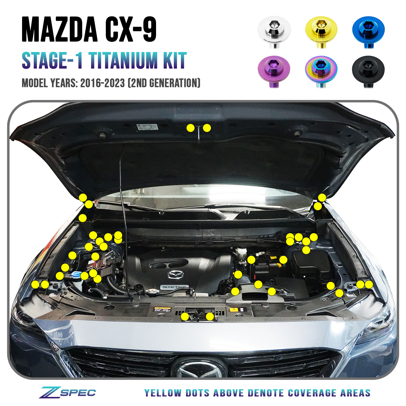 ZSPEC "Stage 1" Dress Up Bolts® Fastener Kit for '16-23 Mazda CX-9, Titanium - ZSPEC Design LLC - Hardware Fasteners - cx-9, Fastener Kit, mazda, stage 1 - zspecdesign.com