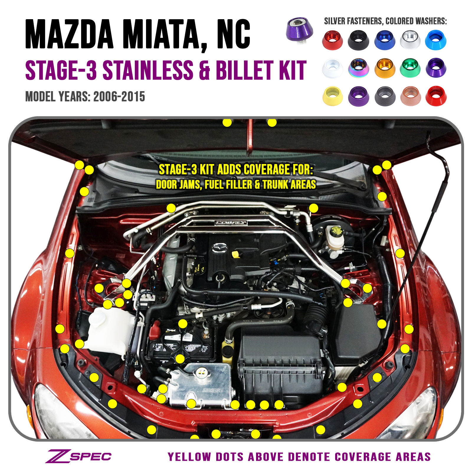 ZSPEC "Stage 3" Dress Up Bolts® Fastener Kit for Mazda Miata NC, Stainless & Billet - ZSPEC Design LLC - Hardware Fasteners - Fastener Kit, mazda, miata, nc, stage 3 - zspecdesign.com