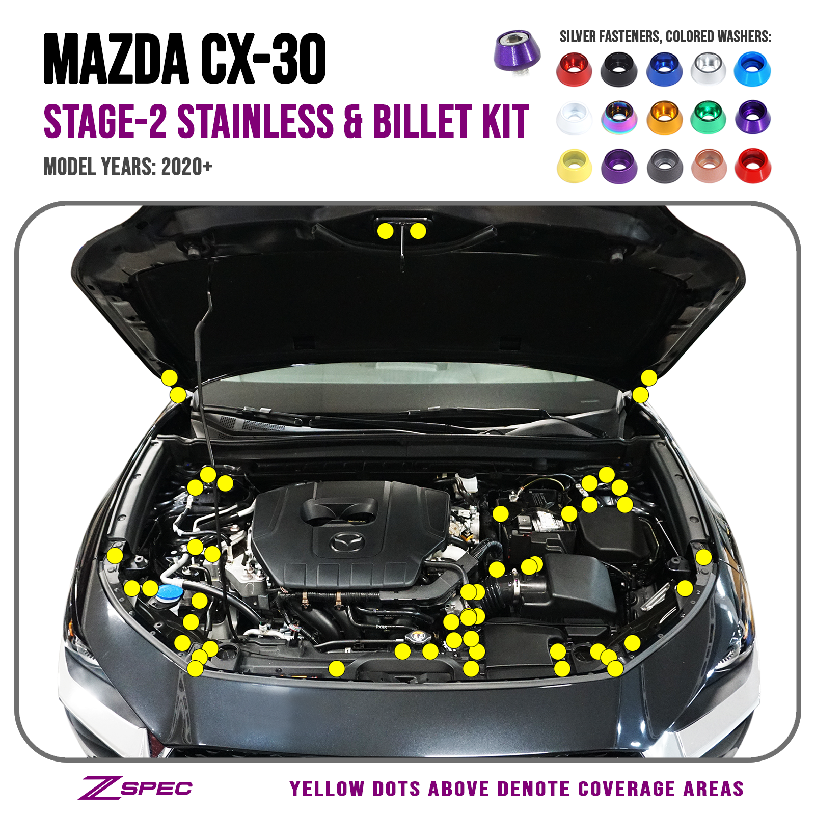 ZSPEC "Stage 2" Dress Up Bolts® Fastener Kit for 2020-2024 Mazda CX-30, Stainless & Billet - ZSPEC Design LLC - Hardware Fasteners - cx-30, Fastener Kit, mazda, stage 2 - zspecdesign.com
