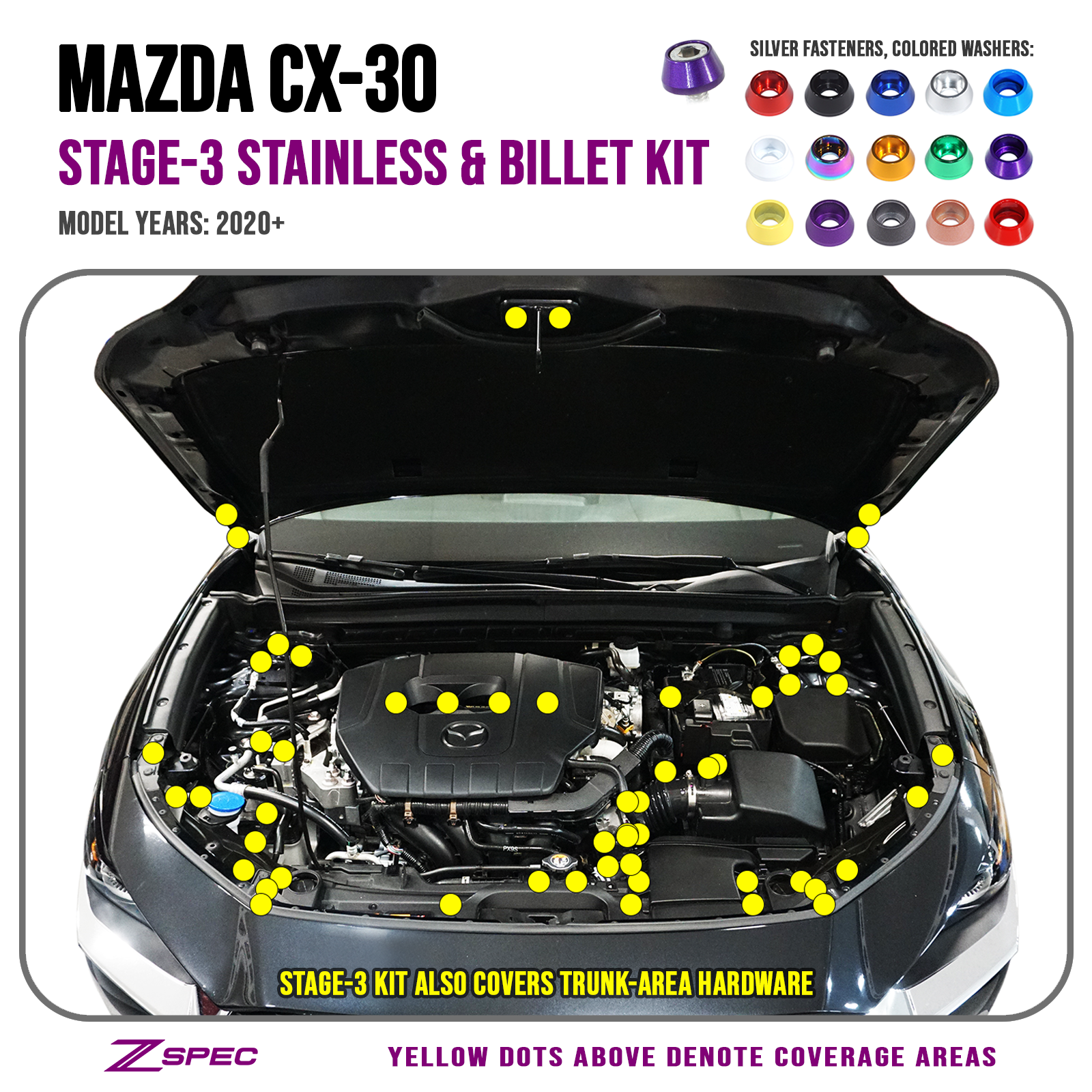 ZSPEC "Stage 3" Dress Up Bolts® Fastener Kit for 2020-2024 Mazda CX-30, Stainless & Billet - ZSPEC Design LLC - Hardware Fasteners - cx-30, Fastener Kit, mazda, stage 3 - zspecdesign.com