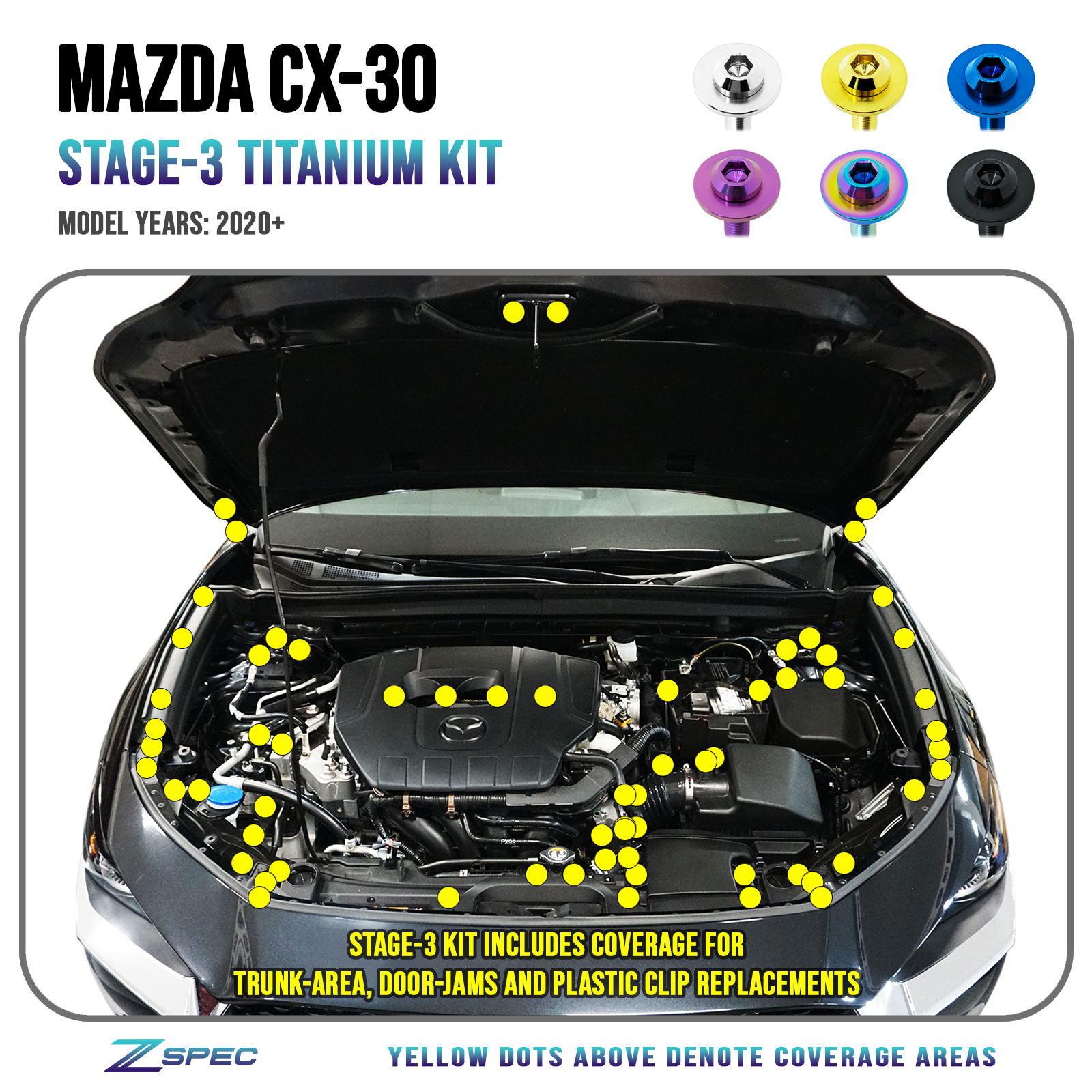 ZSPEC "Stage 3" Dress Up Bolts® Fastener Kit for the '20-24 Mazda CX-30, Titanium - ZSPEC Design LLC - Hardware Fasteners - cx-30, Fastener Kit, mazda, stage 2 - zspecdesign.com