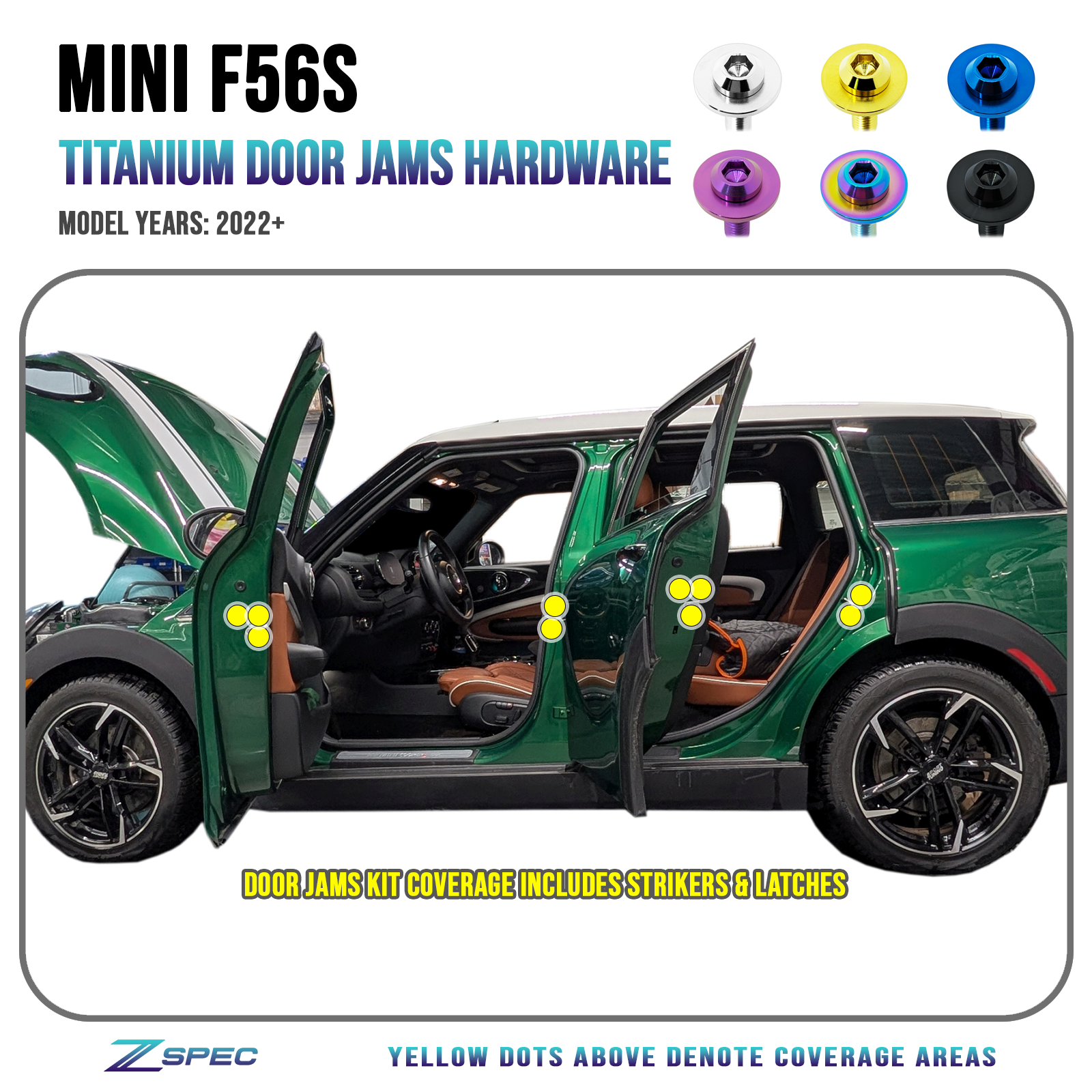 ZSPEC Door Jams Strikers Latches Dress Up Bolts® Fastener Kit, '22+ Mini Cooper F56s, Titanium - ZSPEC Design LLC