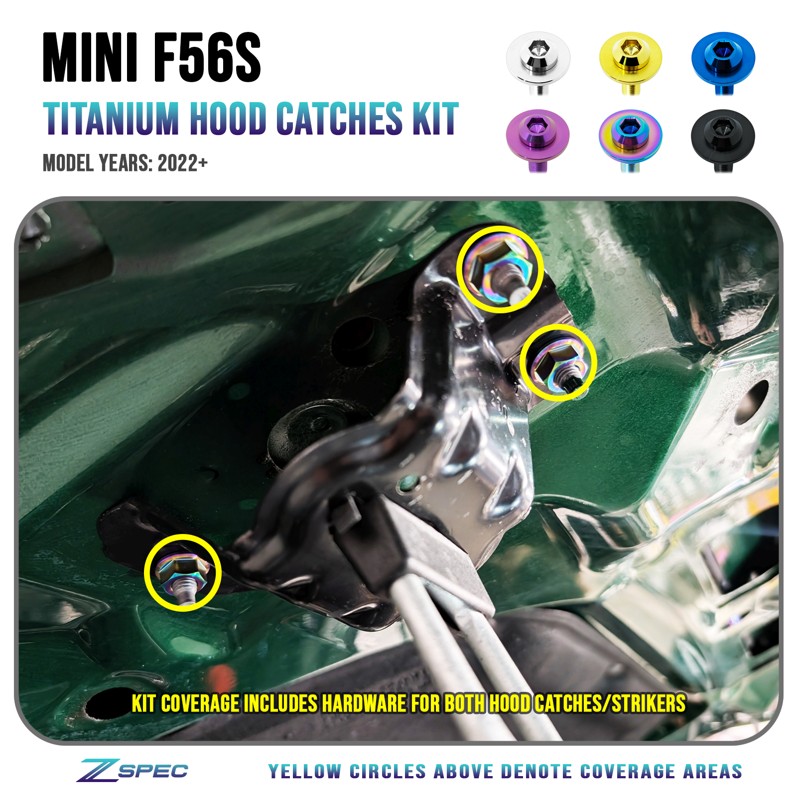 ZSPEC Staged Dress Up Bolts® Fastener Kit, '22+ Mini Cooper F56s, Titanium - ZSPEC Design LLC