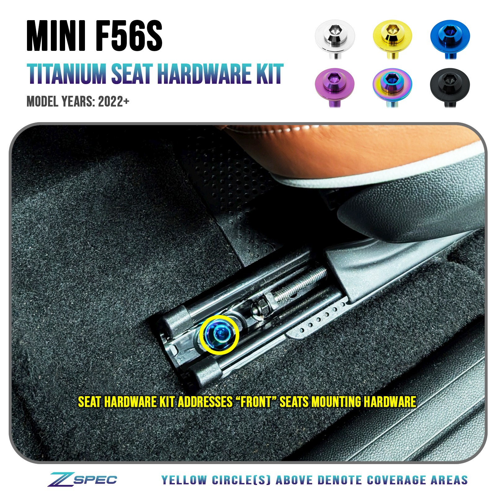 ZSPEC Front Seats Dress Up Bolts® Fastener Kit, '22+ Mini Cooper F56s, Titanium - ZSPEC Design LLC