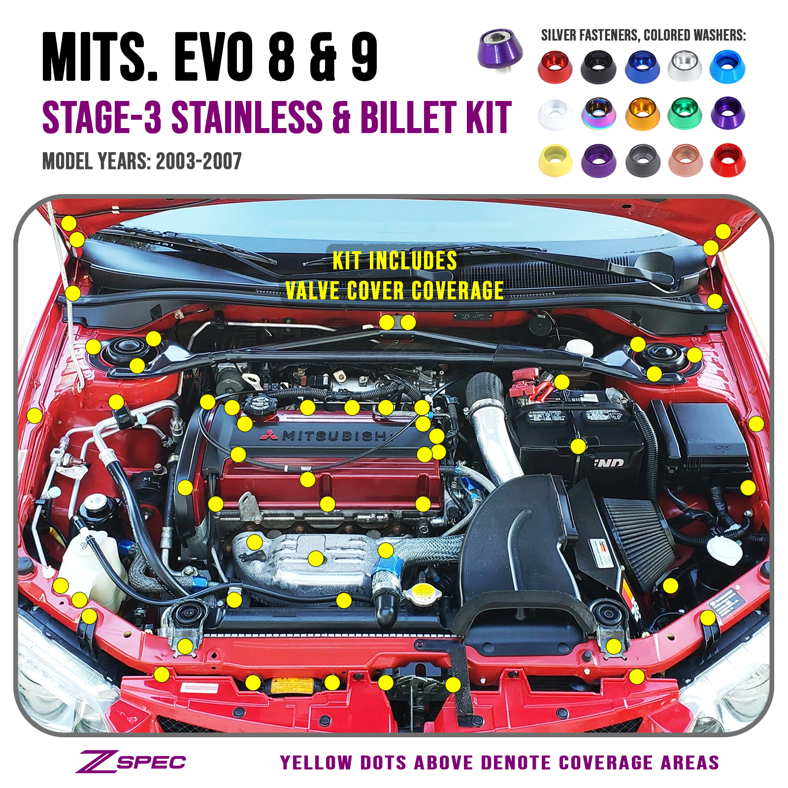 ZSPEC "Stage 3" Dress Up Bolts® Fastener Kit for Mitsubishi EVO 8 & 9, Stainless & Billet - ZSPEC Design LLC - Hardware Fasteners - evo, evo 8, evo 9, Fastener Kit, mitsubishi, stage 3 - zspecdesign.com