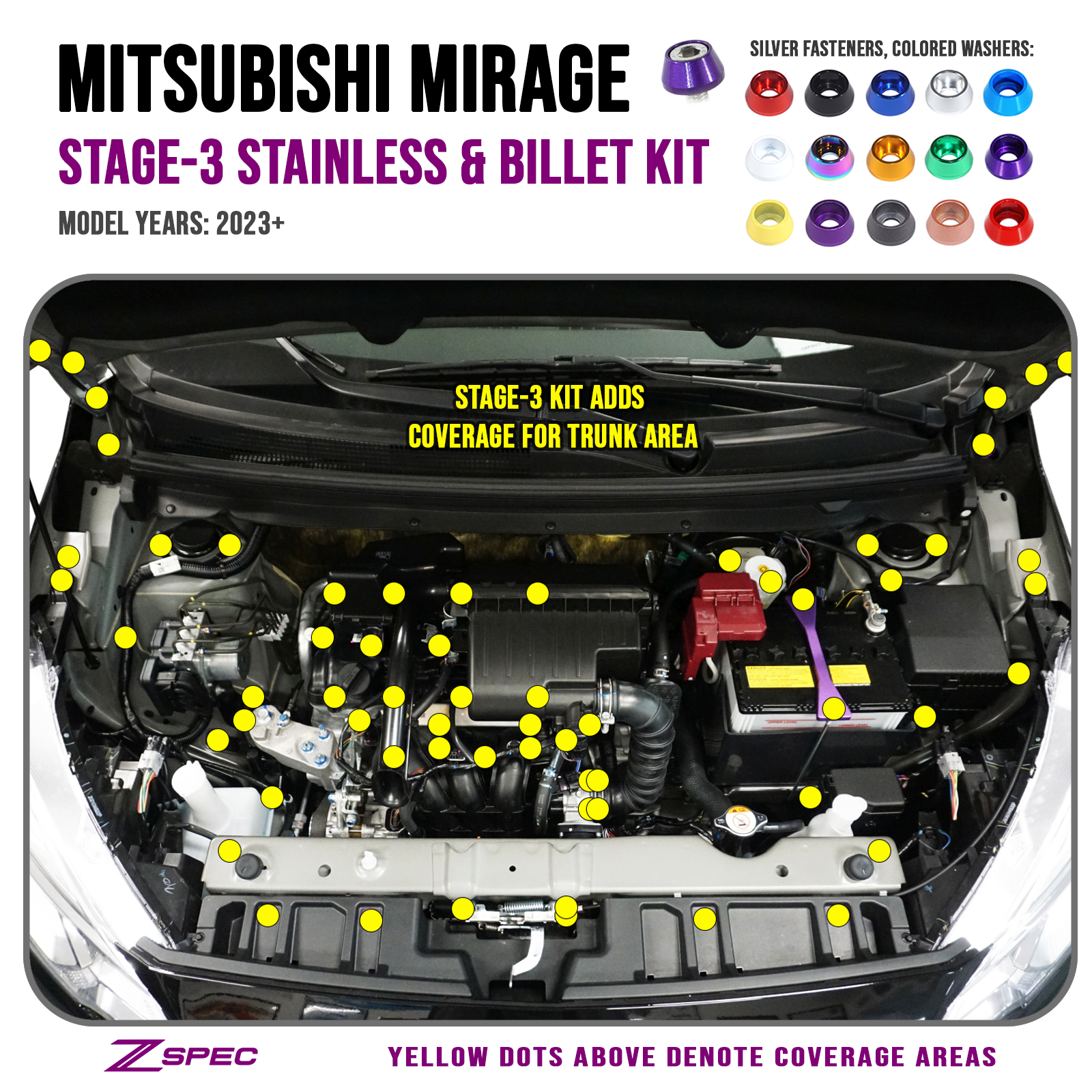 ZSPEC "Stage 3" Dress Up Bolts® Fastener Kit for '23+ Mitsubishi Mirage, Stainless & Billet - ZSPEC Design LLC - Hardware Fasteners - Fastener Kit, mirage, mitsubishi, stage 3, Washer Color - zspecdesign.com