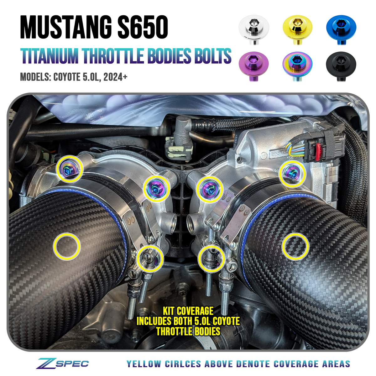 ZSPEC Titanium Throttle Bodies Hardware Kit, 24+ Ford Mustang 5.0L S650