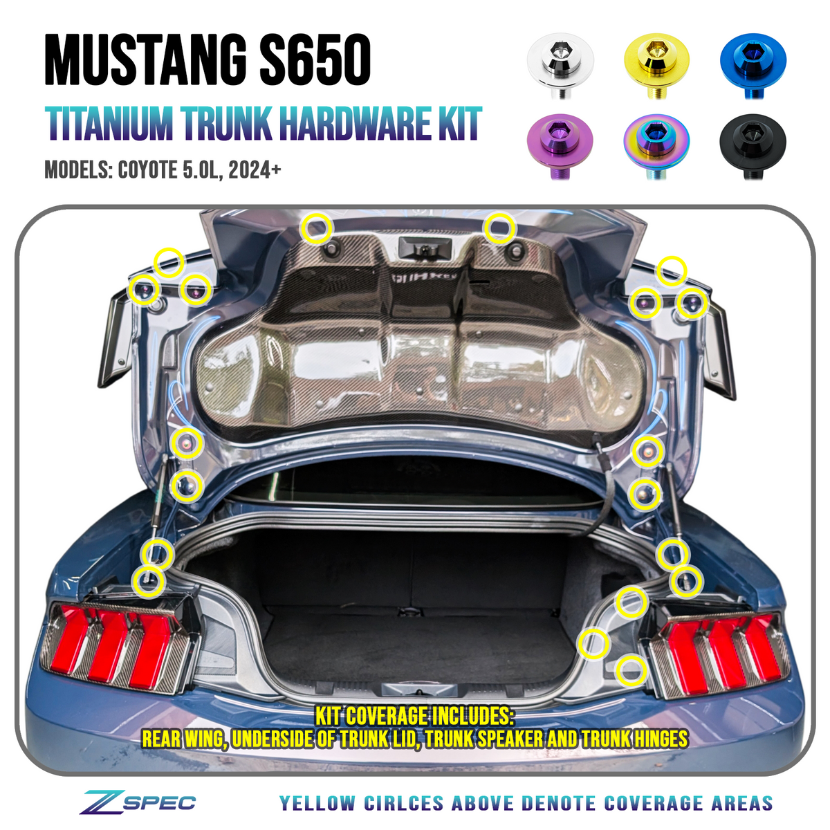 Mustang S650 Titanium Hardware Kit Trunk-Area Hinges Wing | ZSPEC Design