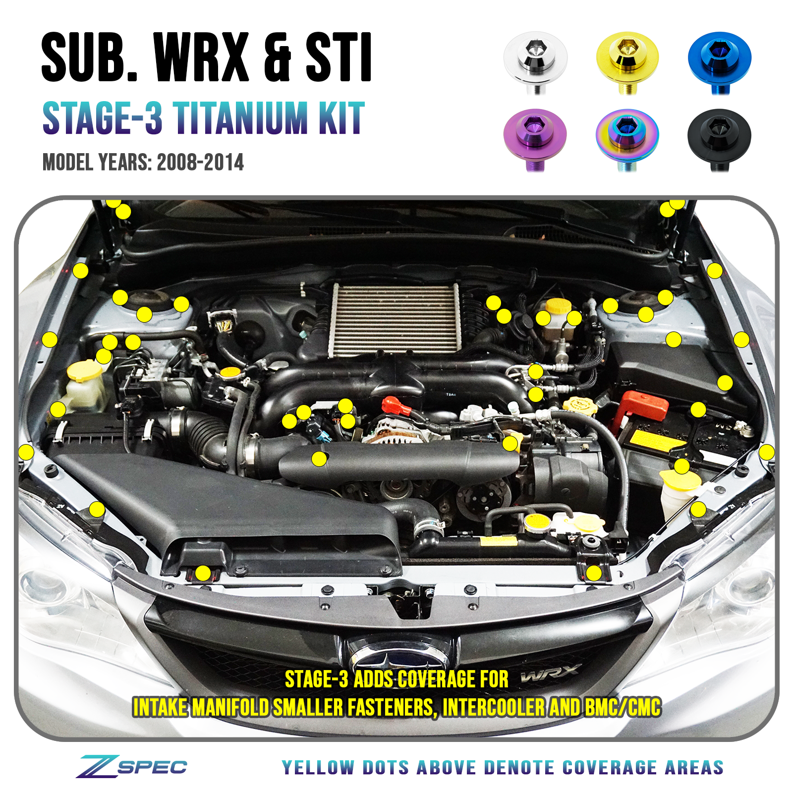 ZSPEC "Stage 3" Dress Up Bolts® Fastener Kit for '08-14 Subaru WRX & STi, Titanium - ZSPEC Design LLC - Hardware Fasteners - Fastener Kit, stage 3, sti, subaru, Washer Color, wrx - zspecdesign.com