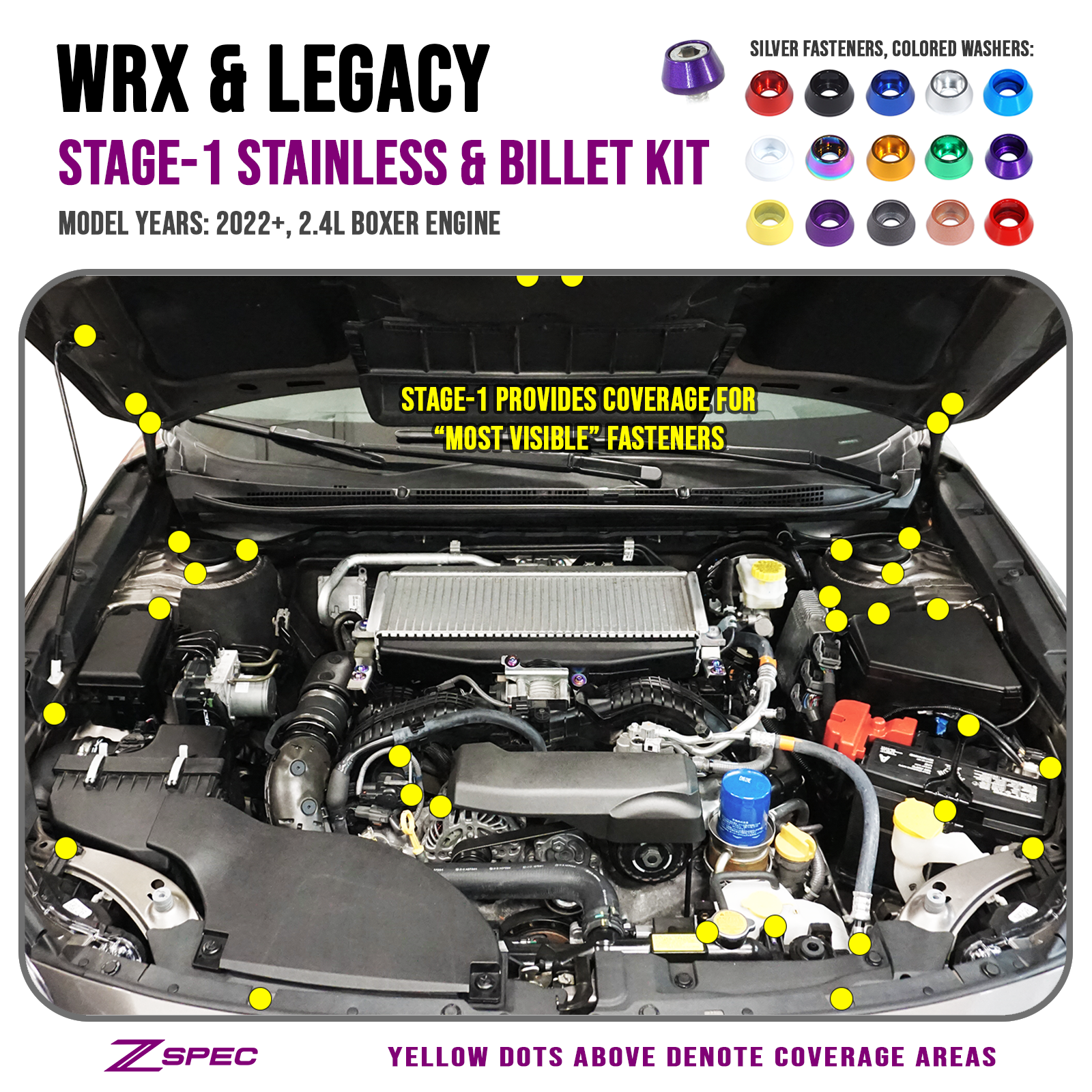 ZSPEC "Stage 1" Dress Up Bolts® Fastener Kit for '22+ Subaru WRX & Legacy, Stainless & Billet - ZSPEC Design LLC - Hardware Fasteners - Fastener Kit, stage 1, sti, subaru wrx, Washer Color - zspecdesign.com