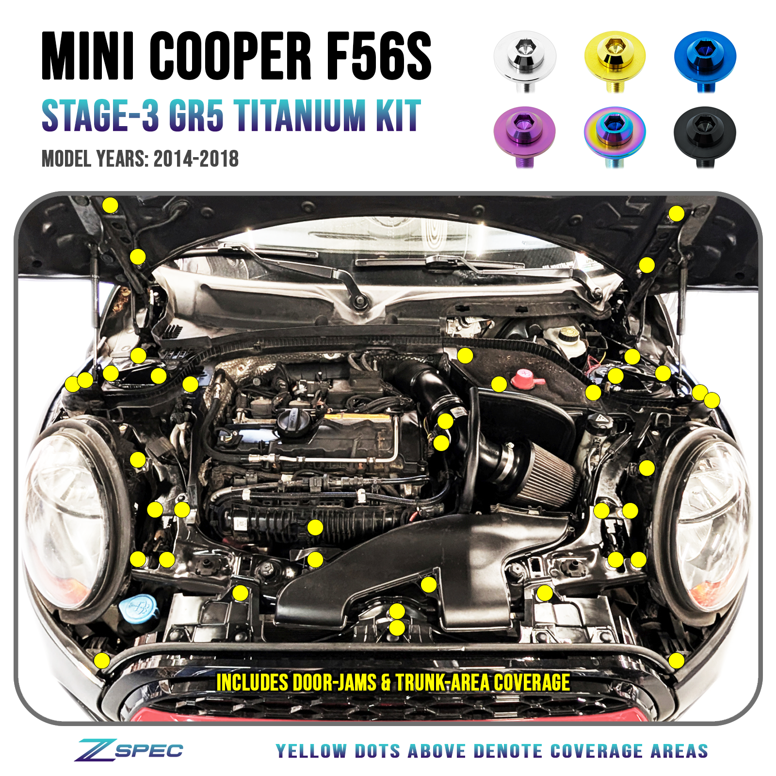 ZSPEC Stage-3 Dress Up Bolts® Fastener Kit for Mini Cooper F56s, Lightweight Grade-5 Titanium - Bagged & Labeled by Area