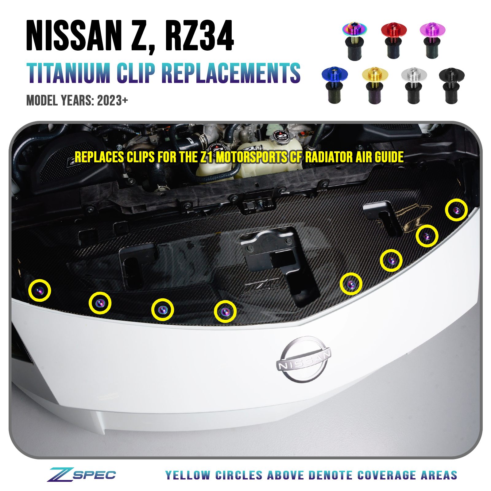 ZSPEC Plastic-Clips Replacements for Z1 Motorsports '23+ Nissan Z RZ34 Radiator Guide, Titanium - ZSPEC Design LLC - Hardware Fasteners - 2023, 400z, clip replacement, Fastener Kit, nissan, nissanz, RZ34, titanium, z34 s2, z34s2 - zspecdesign.com